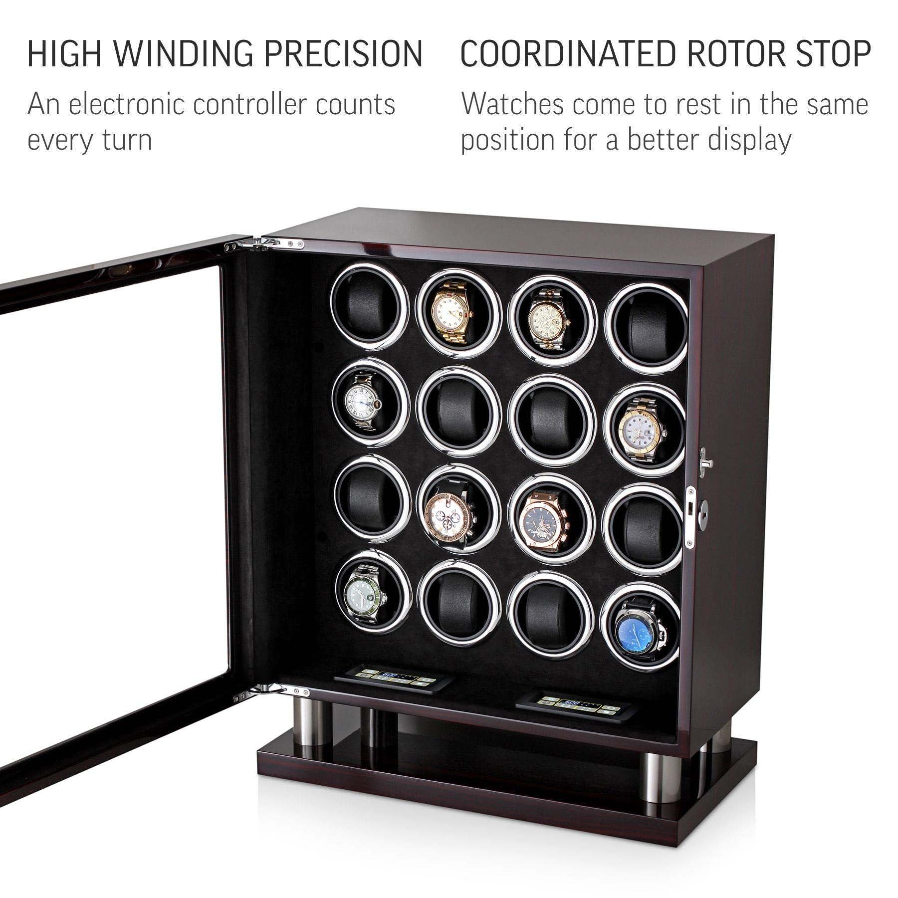 16 Watch Winder for Automatic Watches with LED Light and Coordinated Rotor Stop (Ebony)