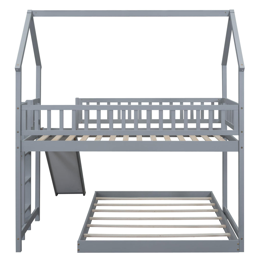 Bellemave Twin Over Full Bunk Bed with Slide and Built-in Ladder, House Shaped Solid Wood Bunk Beds with Full-Length Guardrail for Kids,Teens, Adults, No Box Spring Required, Gray