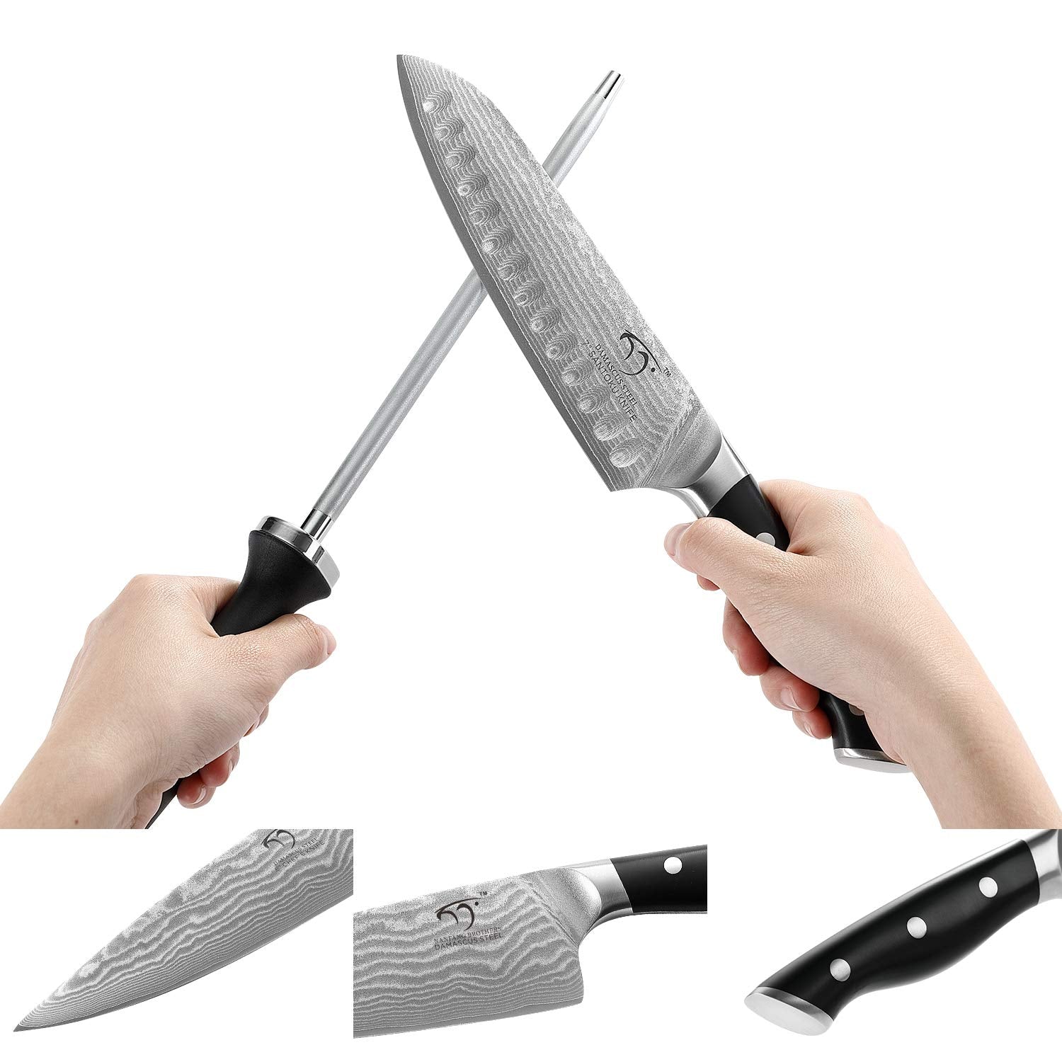 NANFANG BROTHERS 15-Piece Damascus Kitchen Knife Sets with Japanese 67-Layer Damascus Steel, ABS Ergonomic Handle for Chef Knife Set, Ultra Sharp Knife Set with Sharpener, Beechwood Block