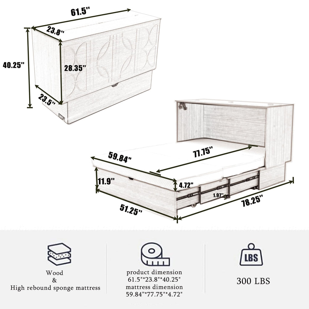 KEIKI Murphy Bed Cabinet Queen - Foldable Wall Bed with Foam Mattress, 2 Large Storage Drawers & USB Charging Station, Space Saving Furniture for Guest Room, Bedroom, Office, Living Room, Grey