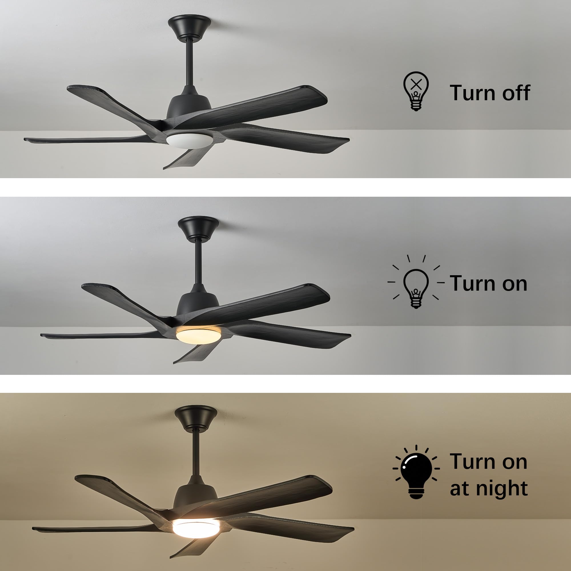 LVYEAYOU Ceiling Fan with Light, 52 Inch Solid Wood Ceiling Fans, Remote and APP Control, 3-color Dimmable, DC Motor, 6-speed Reversible, for Bedroom, Living Room, Black
