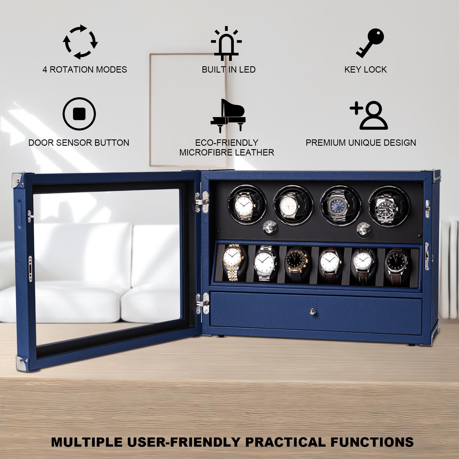 DUKWIN Watch Winder for Automatic Watches, Lockable Winders with Watch & Jewelry Storage, Super Quiet Motor with High-Gloss Finish, Built-in Illumination, Blue