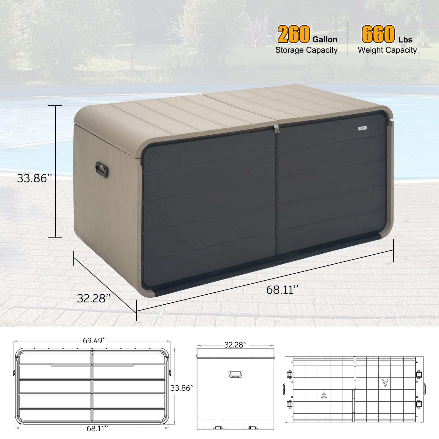 Domi 260 Gallon Resin Deck Box, Waterproof & UV-Resistant Outdoor Large Storage Box Lockable Storage Bin for Patio Cushions Pool Supplies Garden Tools and Delivery Storage