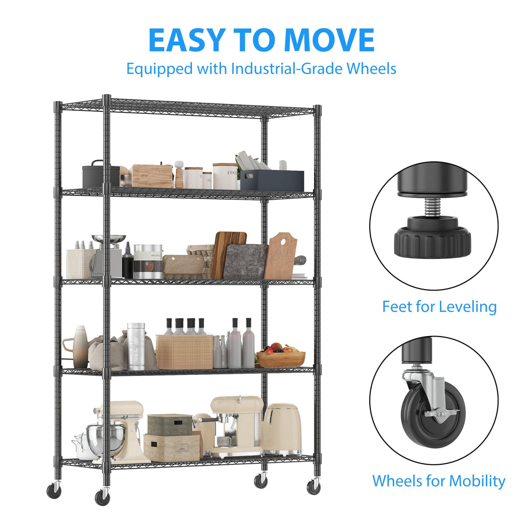 Homdox 5 Tier Storage Racks and Shelving, 24"x60"x82" Heavy Duty Metal Shelves for Storage, 3000LBS Commercial Adjustable Wire Shelving Unit on Wheels for Garage, Pantry, Kitchen, Warehouses, Black