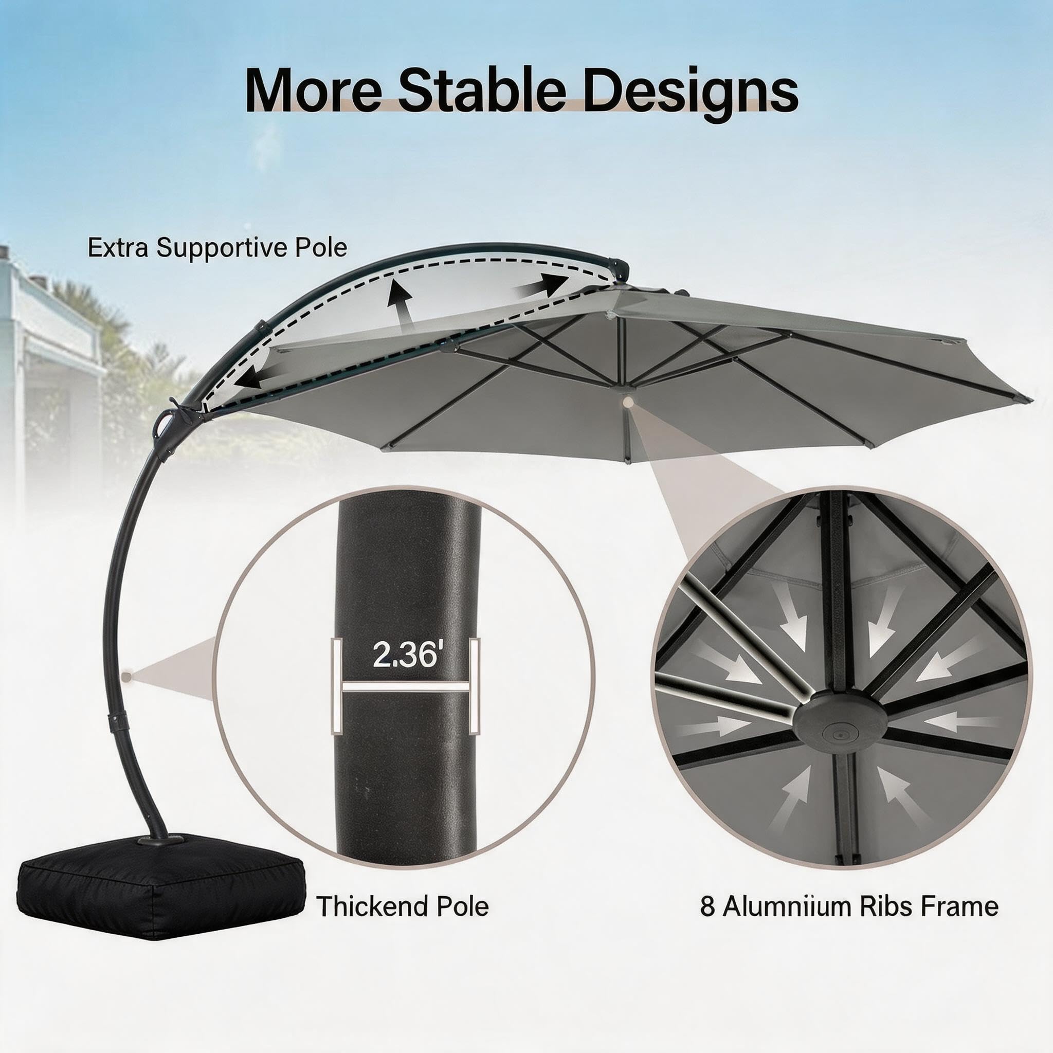 LAUSAINT HOME Outdoor Patio Umbrella with Base included, 12 FT Deluxe Curvy Cantilever Umbrella Heavy Duty Offset Hanging Umbrella with 360° Rotation for Market, Pool, Garden, Backyard, Deck (Grey)