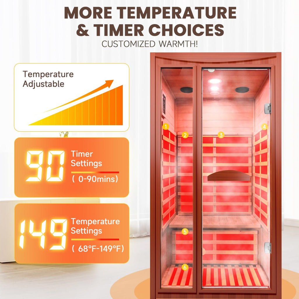 OUTEXER Far Infrared Sauna Home Sauna Spa Room for 1-2 Person Low-EMF Canadian Hemlock Wood 1550W Indoor Saunas with 7 Color Light 39.3 * 35.4 * 74.8Inch