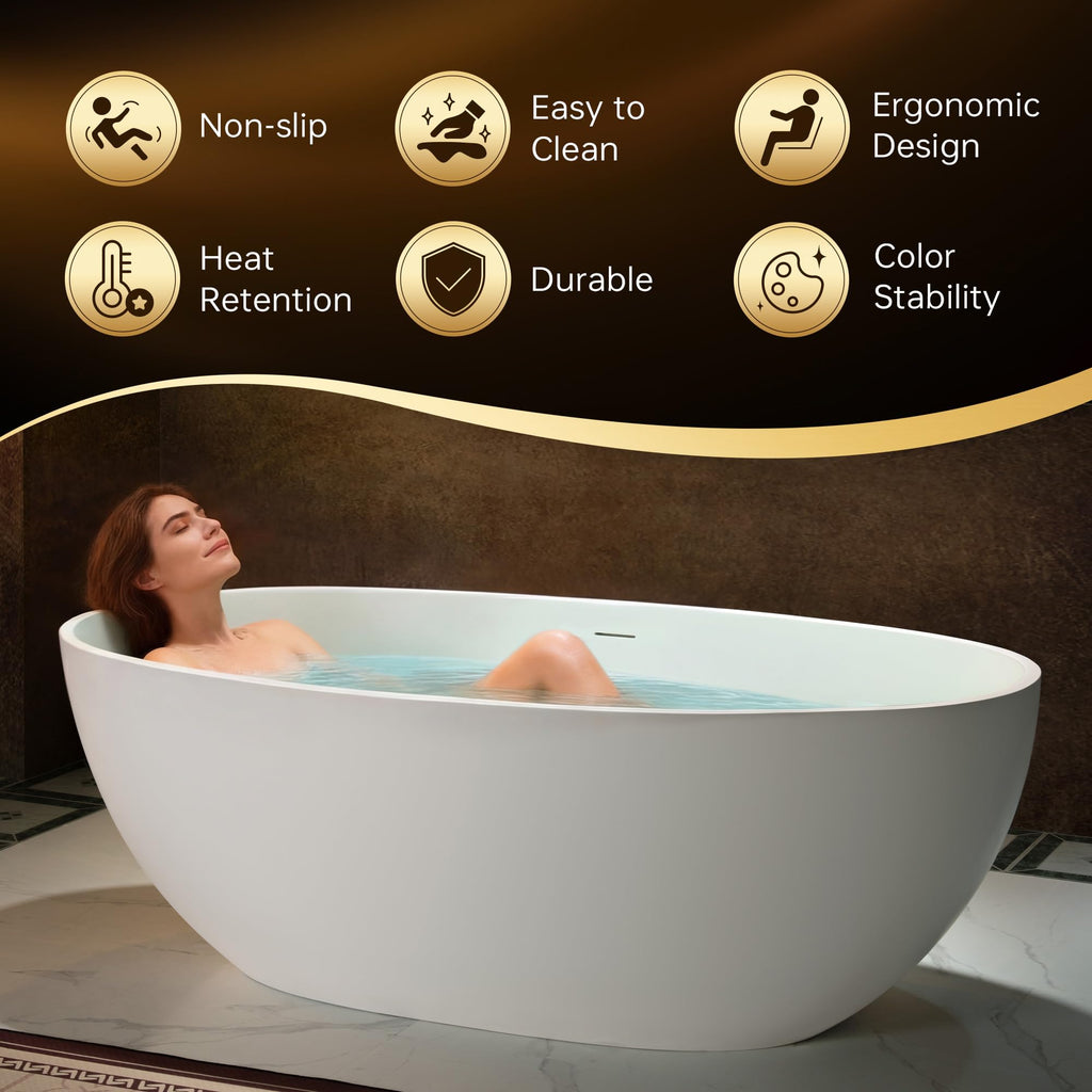 WOODBRIDGE 67" Stone Resin Freestanding Soaking Tub, Modern Oval Solid Surface Bathtub with Integrated Slotted Overflow & Drain, Matte White