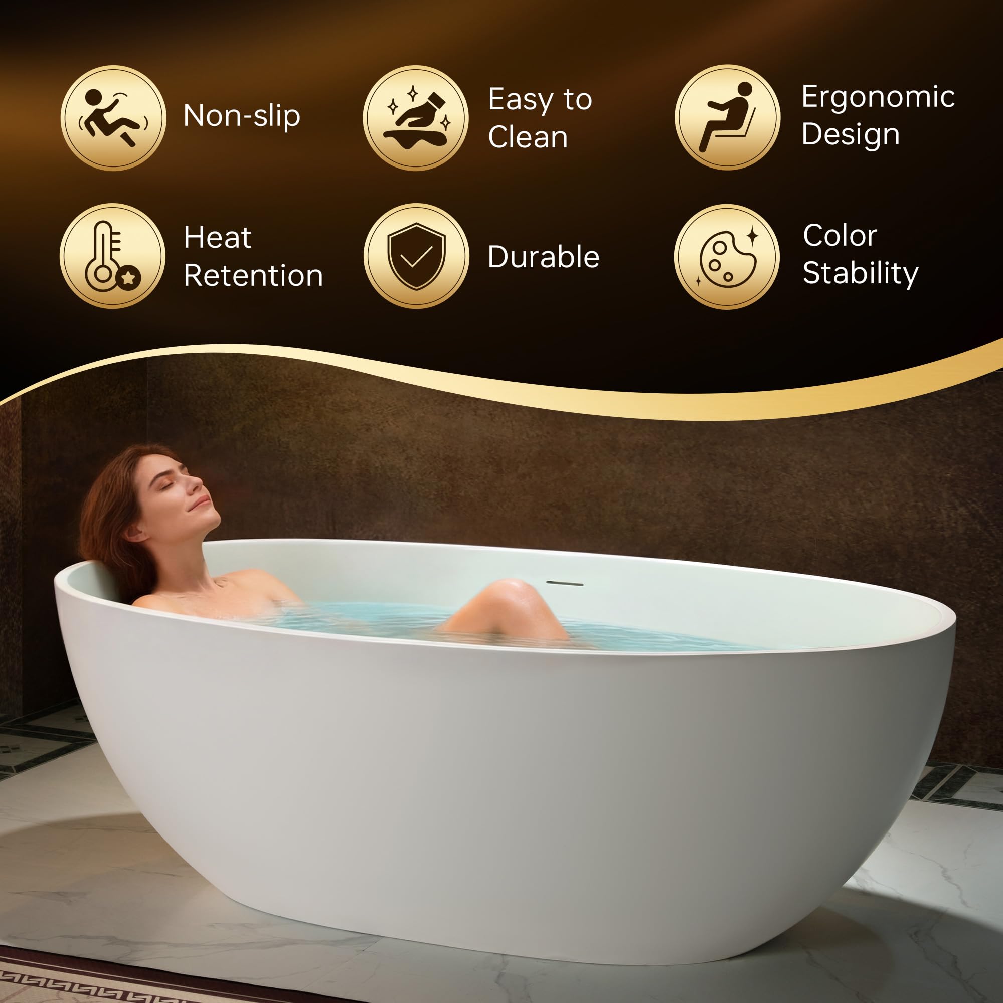 WOODBRIDGE 67" Stone Resin Freestanding Soaking Tub, Modern Oval Solid Surface Bathtub with Integrated Slotted Overflow & Drain, Matte White