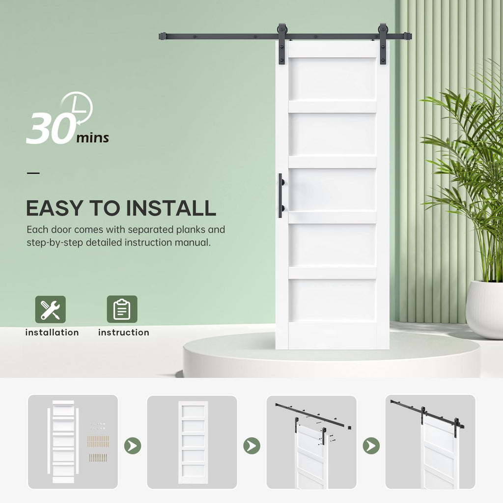 ROYMELO 32x80 Inch White Sliding Barn Door Slab with 5.5ft Hardware Kit Included, 5-Panel, MDF Wood Panel Covered with Water-Proof Scratch-Proof PVC Surface, Simple DIY Assembly