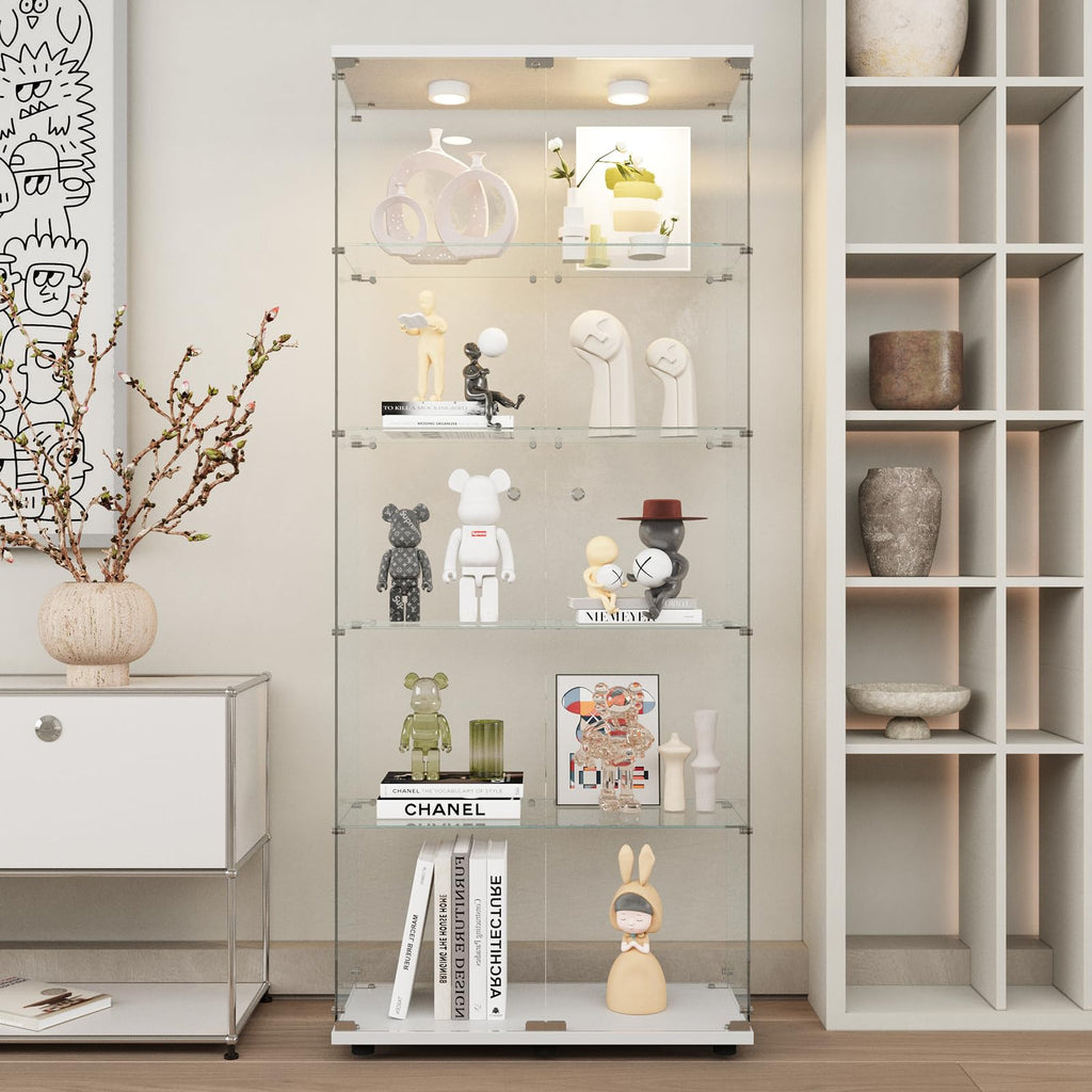 Beauty4U Glass Display Cabinet with Lights, 5 Shelves with 2 Doors, Curio Cabinets for Living Room, Bedroom, Office, White Floor Standing Glass Bookshelf, Quick Installation