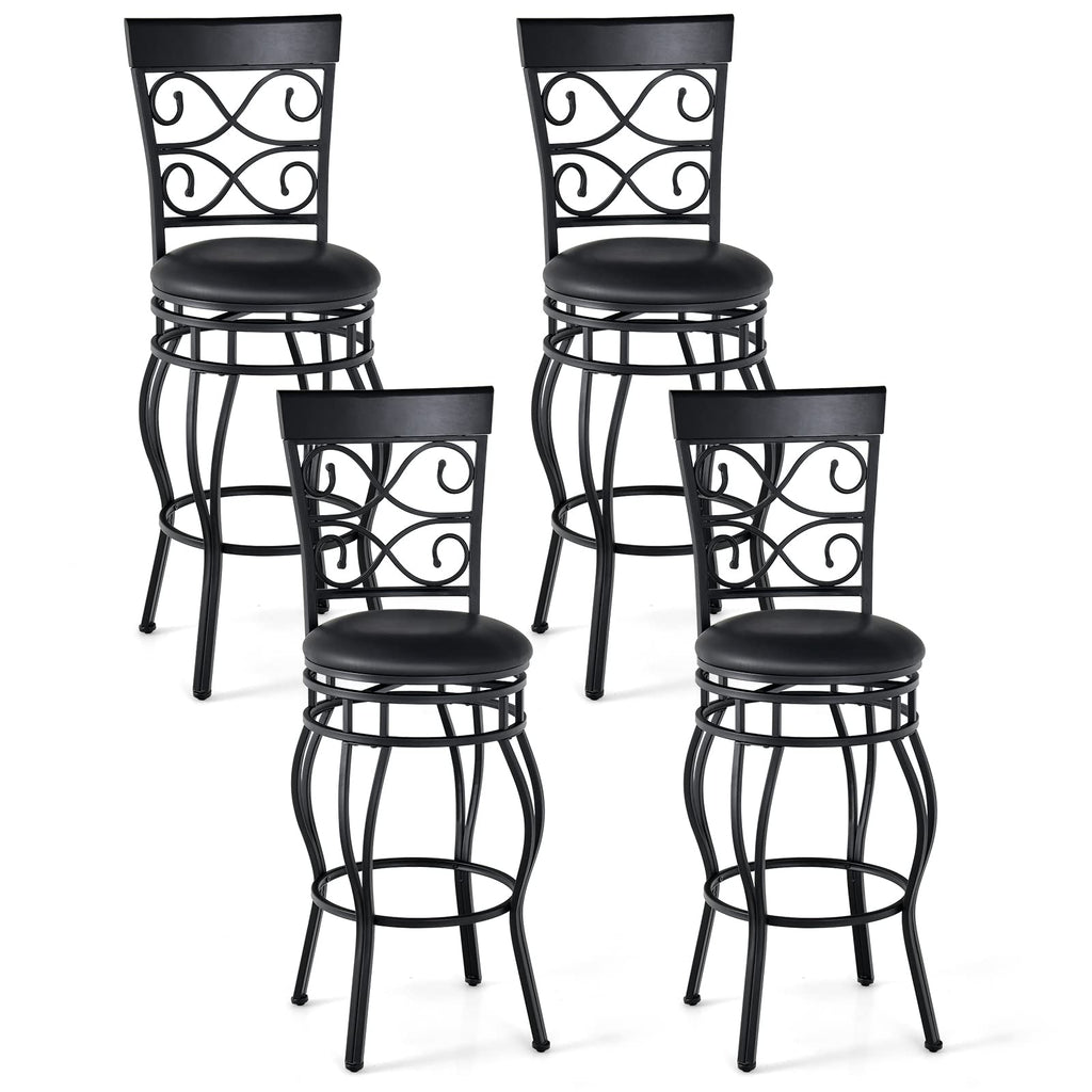 COSTWAY Bar Stools Set of 4, 360 Degree Swivel, 30" Bar Height Bar stools, with Leather Padded Seat Bistro Metal Vintage Chairs with Back for Kitchen Island, Pub (Set of 4)