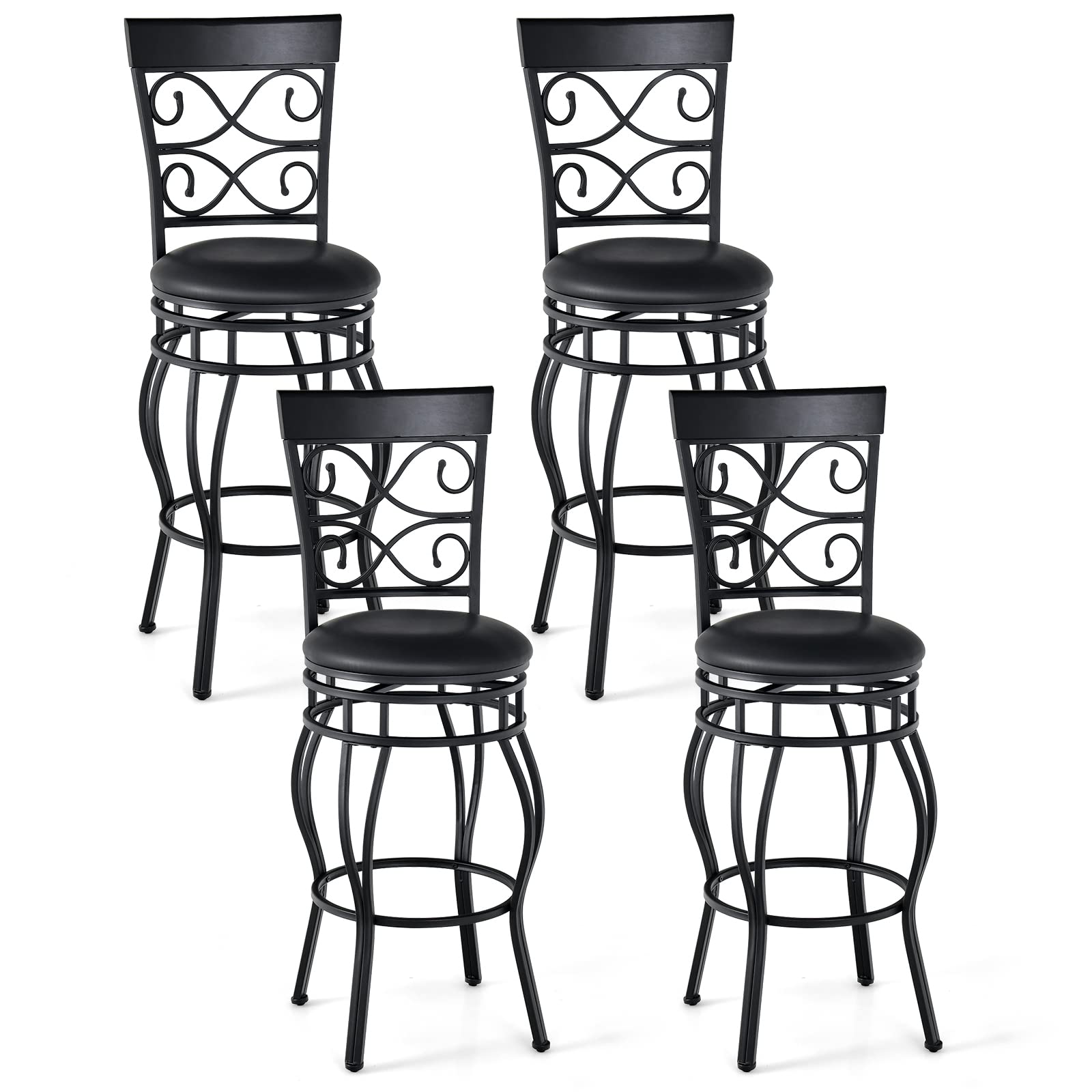 COSTWAY Bar Stools Set of 4, 360 Degree Swivel, 30" Bar Height Bar stools, with Leather Padded Seat Bistro Metal Vintage Chairs with Back for Kitchen Island, Pub (Set of 4)