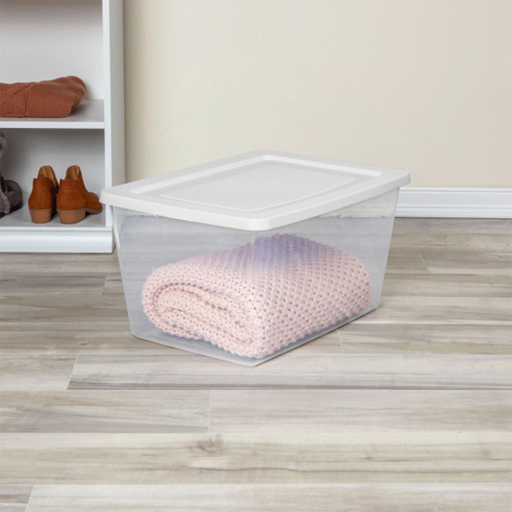 Sterilite 32 Pack Storage Box, 58 Quart Stackable Tote, Clear Plastic Container with Secure Snapping Lids for Home and Office Organization, White