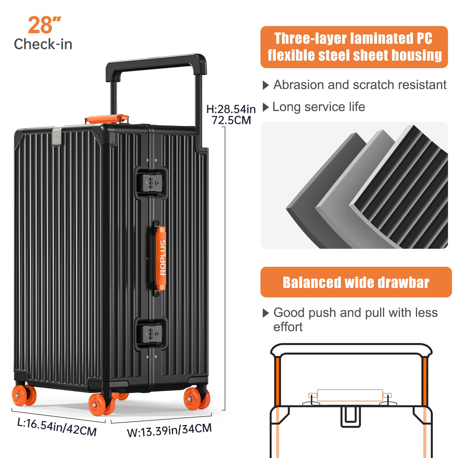 ROPLUS Aluminium Frame Checked- In Luggage with Smooth Jelly Wheels, Hardside Zipperless Rolling Suitcase with TSA Lock (BlackOrange, 28-Inch)