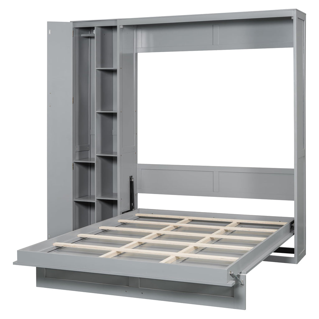 Ball & Cast Murphy Bed Queen Size Wall Chest with Shelves and 4 Drawers,Wood Hideaway Cabinet Platform Bedframe w/LED Lights,can be Folded,Space-Saving,for Small Room,Dorms,Gray