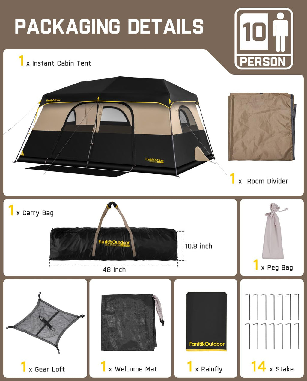 FanttikOutdoor Zeta C10 Pro Max Instant Cabin Tent 10 Person Camping Tent Setup in 60 Seconds with Rainfly & Windproof Portable with Carry Bag for Family Camping & Hiking, Upgraded Ventilation, Khaki