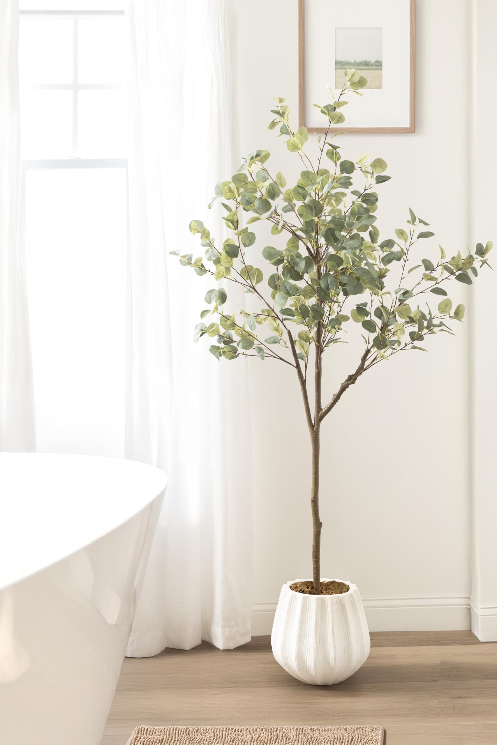 Kate and Laurel Eudora Faux Eucalyptus Tree with Claudel Scalloped Planter Pot, 6 FT, White, Potted Artificial Tree Indoor with Realistic Foliage and Added Moss, Fake Plant for Living Room Decor