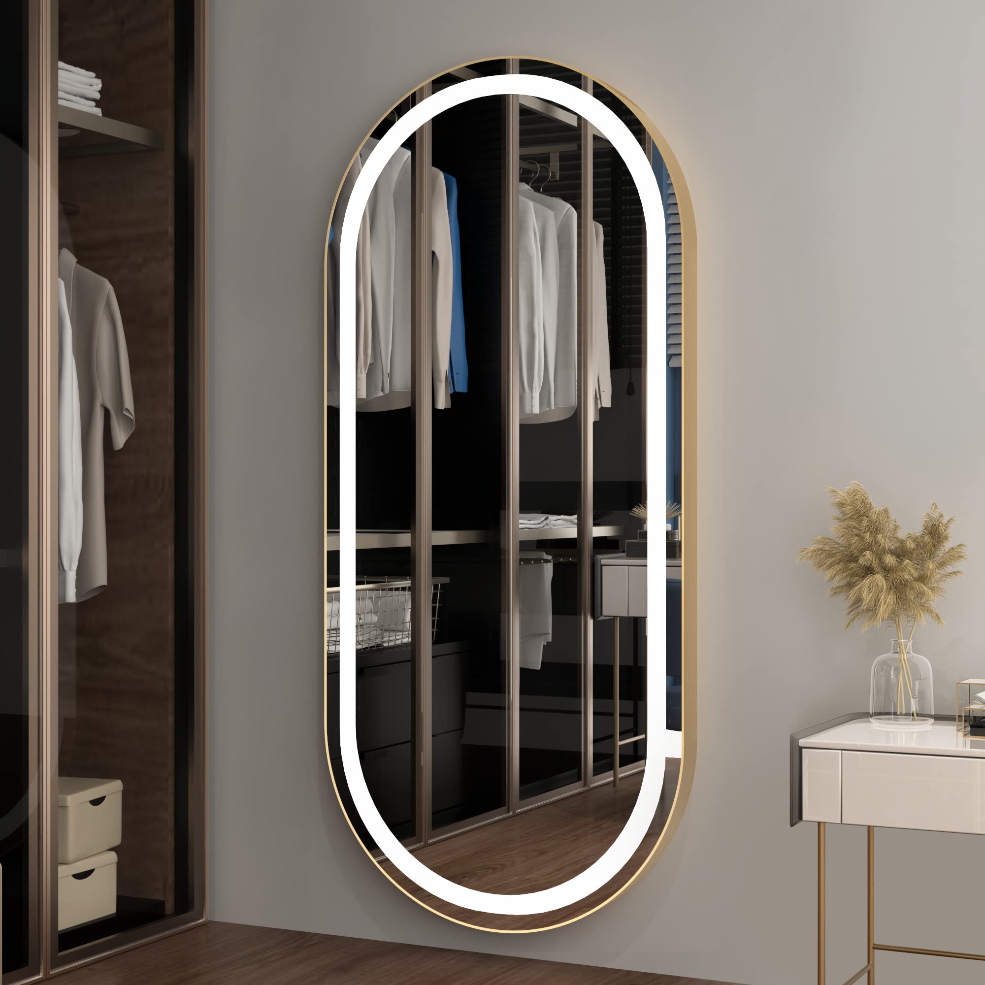 FENNIO 70" x 32" Large Luxury Wall Mounted Mirror with LED Lights - Oval Full Length LED Lighted Full Body Dressing Mirror for Bedroom, Salon, Brushed Aluminum Frame, Tempered Glass