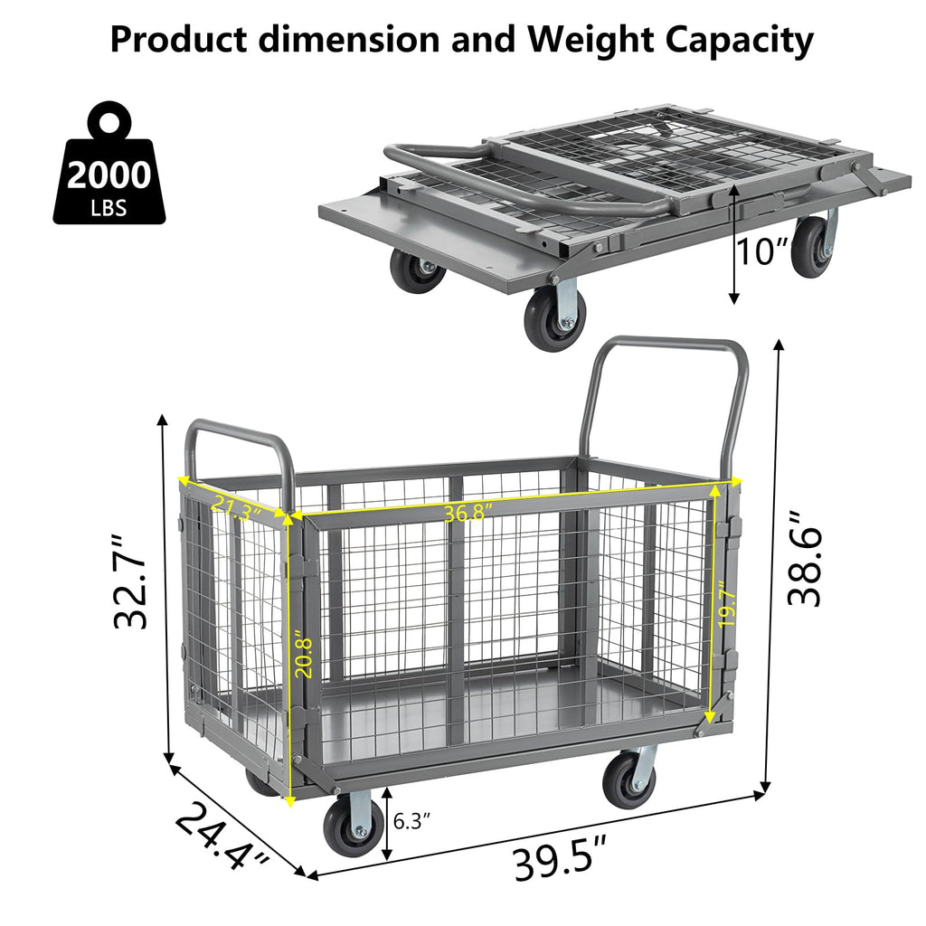 SmarketBuy Platform Truck Cart with Cage, 5 in 1 Heavy Duty Platform Carts with Cage 2000 LBS Capacity Foldable Push Cart Dolly with 5" Casters for Groceries/Garage/Warehouse