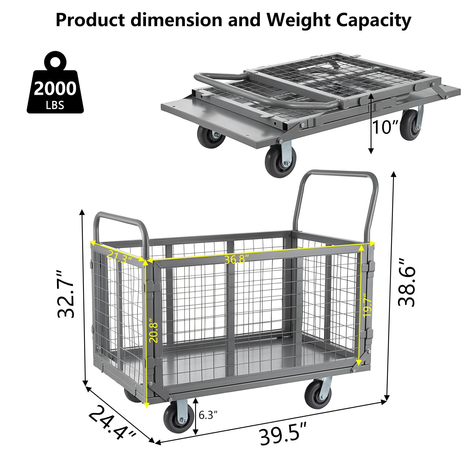 SmarketBuy Platform Truck Cart with Cage, 5 in 1 Heavy Duty Platform Carts with Cage 2000 LBS Capacity Foldable Push Cart Dolly with 5" Casters for Groceries/Garage/Warehouse