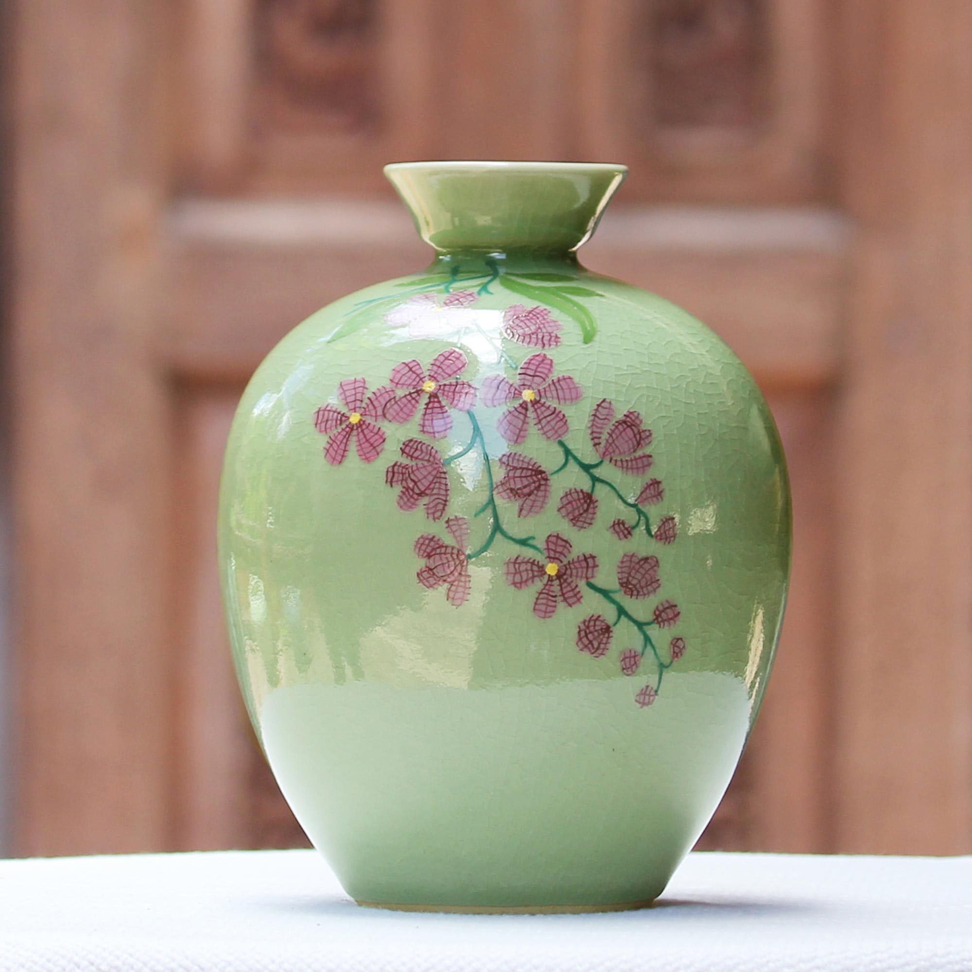 NOVICA Artisan Handcrafted Celadon Ceramic Vase Floral from Thailand Pink Vases [8.5in H x 6.5in Diam.] ' Round Garden'