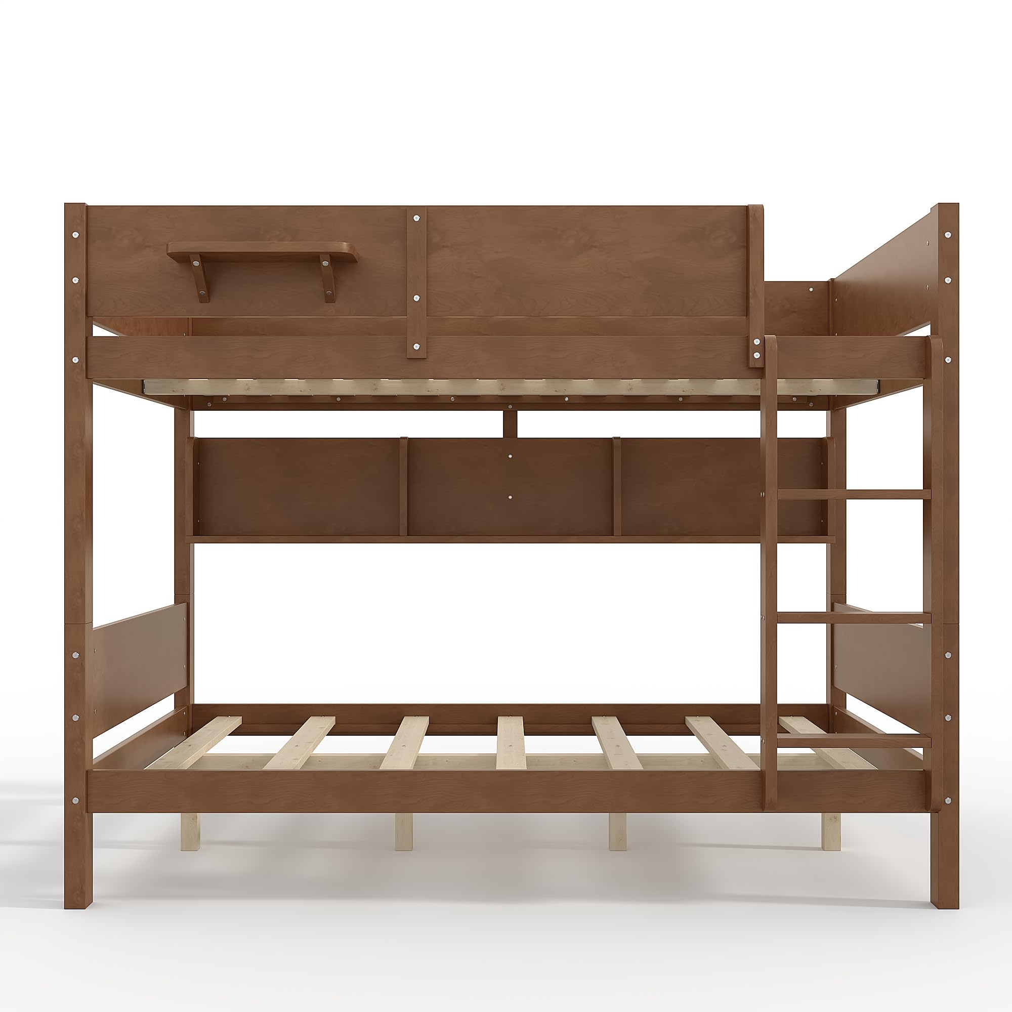 KEIKI Queen Over Queen Size Wooden Bunk Bed Frame with Convenient Tray & Built-in Storage Shelves, Detachable Bunk Bed with Solid Slats, No Box Spring Required, Easy Assembly, for Bedroom, Brown