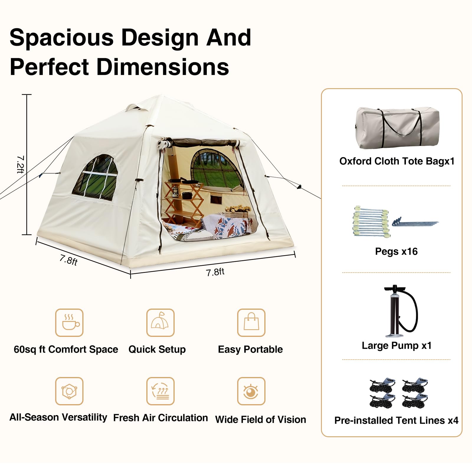 KNUO Inflatable Tent for Winter Camping 7.8x7.8ft Blow Up Air Tents, No Assembly Needed Luxury Glamping Tent for 1/2/3 People, Waterproof Oxford, Beige