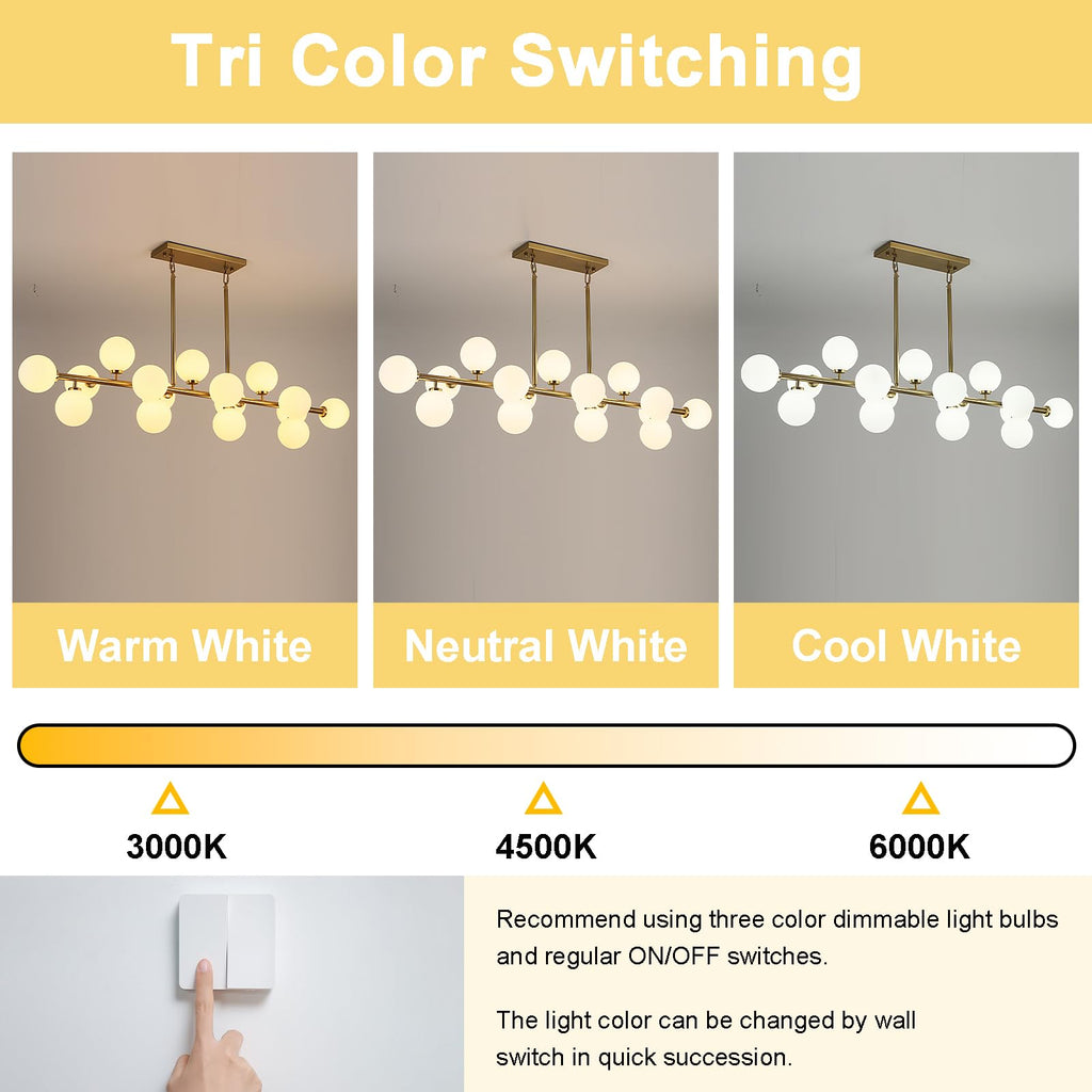 APLampara Mid Century Modern Chandelier 55in Linear Chandeliers 16-Light Brass Gold Pendant Lighting Fixture for Dining Room, Kitchen Island