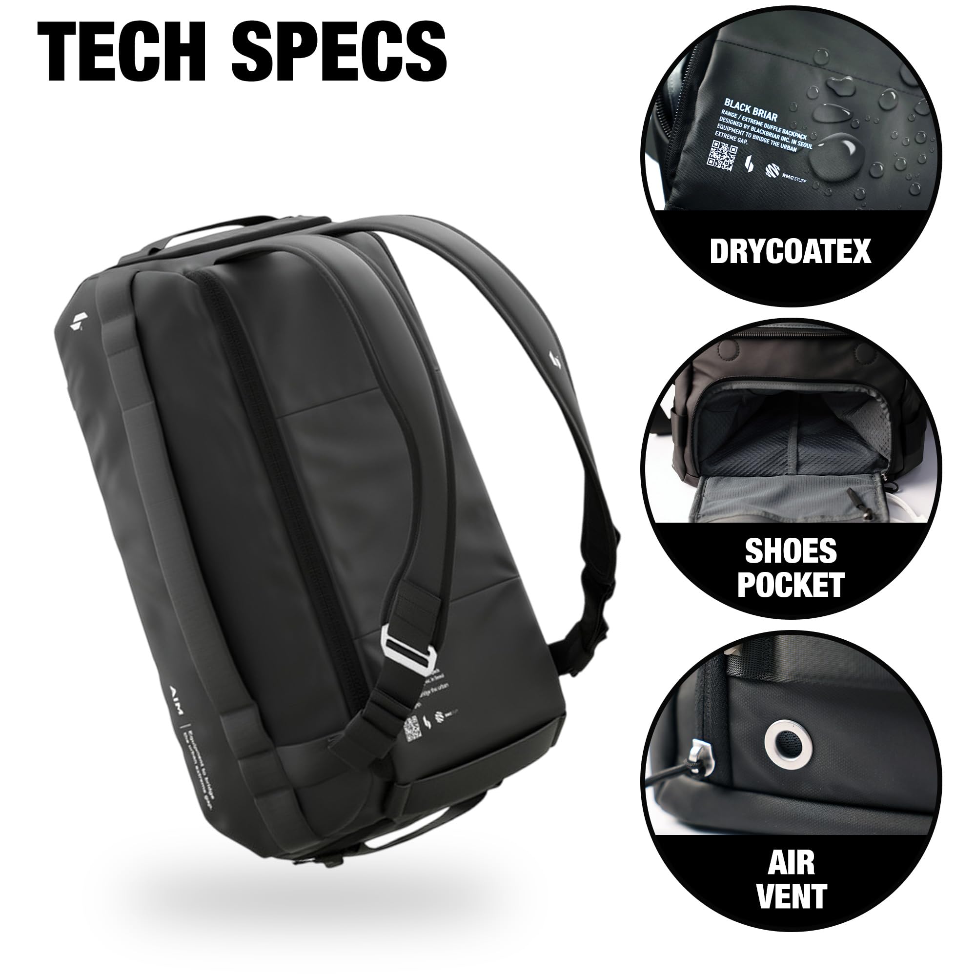 Blackbriar Range Duffel 40L Ash Black 2.0 Version, Convertible Backpack with Patented Magnetic Access, Modular S-Partition, Dual Shoe Garage | Waterproof Drycoatex™ for Tactical, Travel, Gym