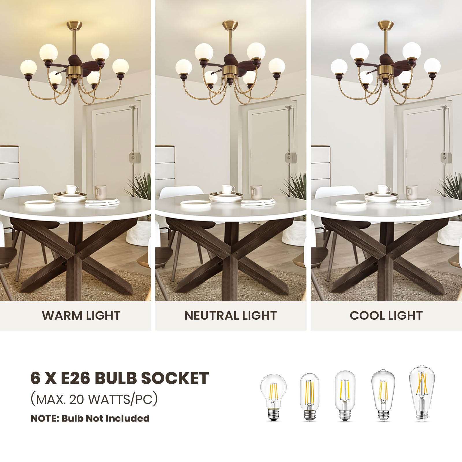 CROSSIO Luxury Mid Century Gold Fandelier 36" Large Ceiling Fans with Lights and Remote Control 6 Speeds 6 Lights Vintage Globe Chandelier Fan for Living Room Dining Room