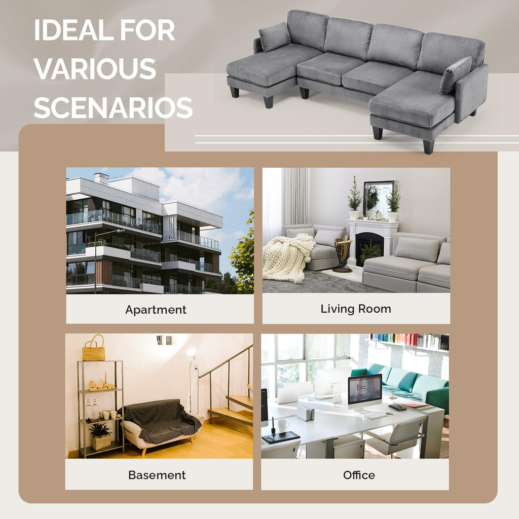 VINGLI 108" W U-Shaped Sectional Couches for Living Room, Sturdy Wooden Armrest Corduroy Cloud Couch with Double Chaise, High Support Modern 4-Seat Sectional Sofa for Apartment, Offices, Dark Grey