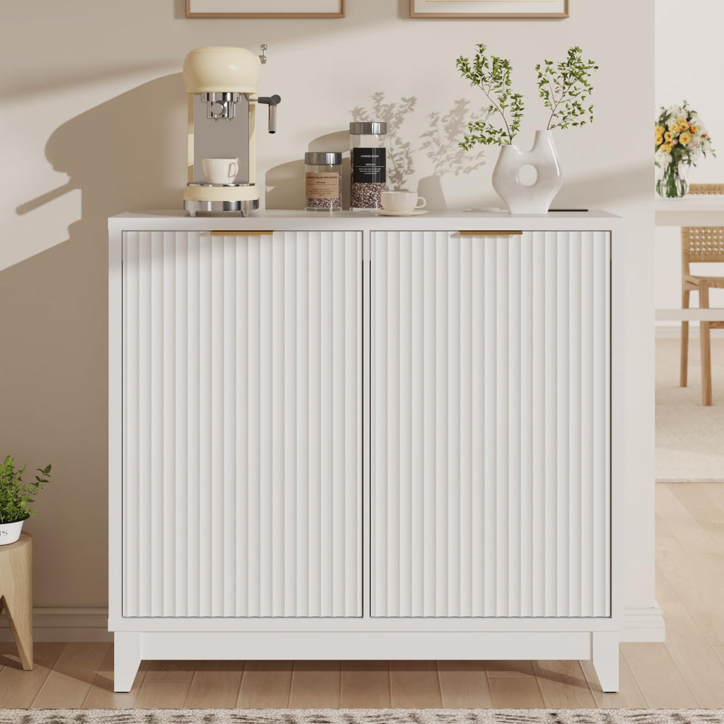 Double Tilt Out Trash Can Cabinet with Odor Control, Outlets, Fluted Trash Cabinet 13 Gallon Hidden Bin Storage, Modern Kitchen Cabinet with Soft-Close Door, Laundry Hamper Cabinet for Bathroom