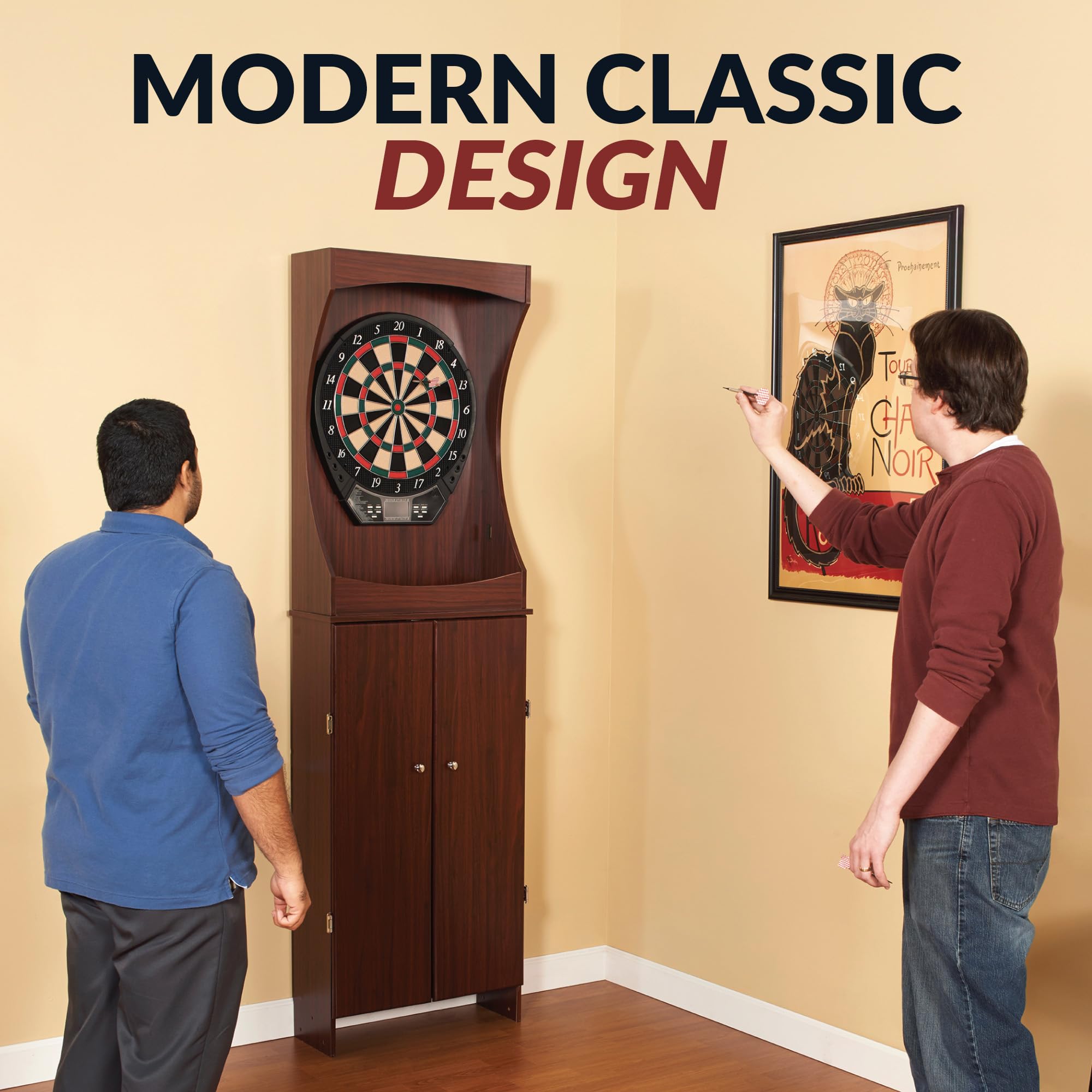 Hathaway Outlaw Electronic Dart Board Cabinet Set - 81-in Electric Dart Board with Cabinet - Professional Dart Board with 6 Soft Tip Electronic Darts, AC Adapter, and Dart Scoreboard - Cherry Finish
