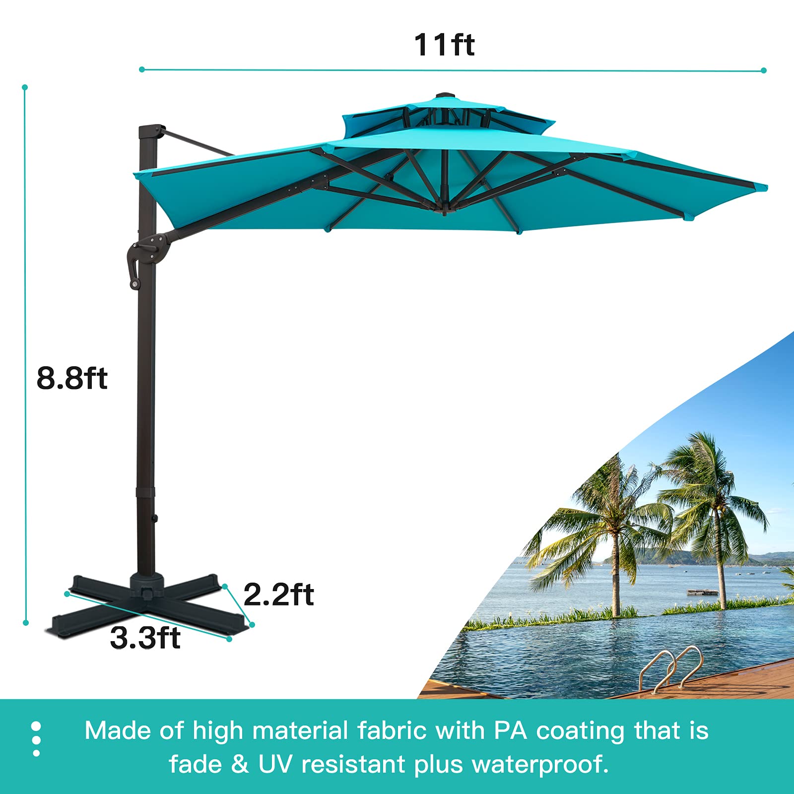 Sunnyglade 11FT Double Top Cantilever Patio Umbrella Deluxe Offset Umbrella 360° Rotation & Integrated Tilting System Heavy Duty Outdoor Umbrella for Market Garden Deck Pool Backyard Patio(Blue)