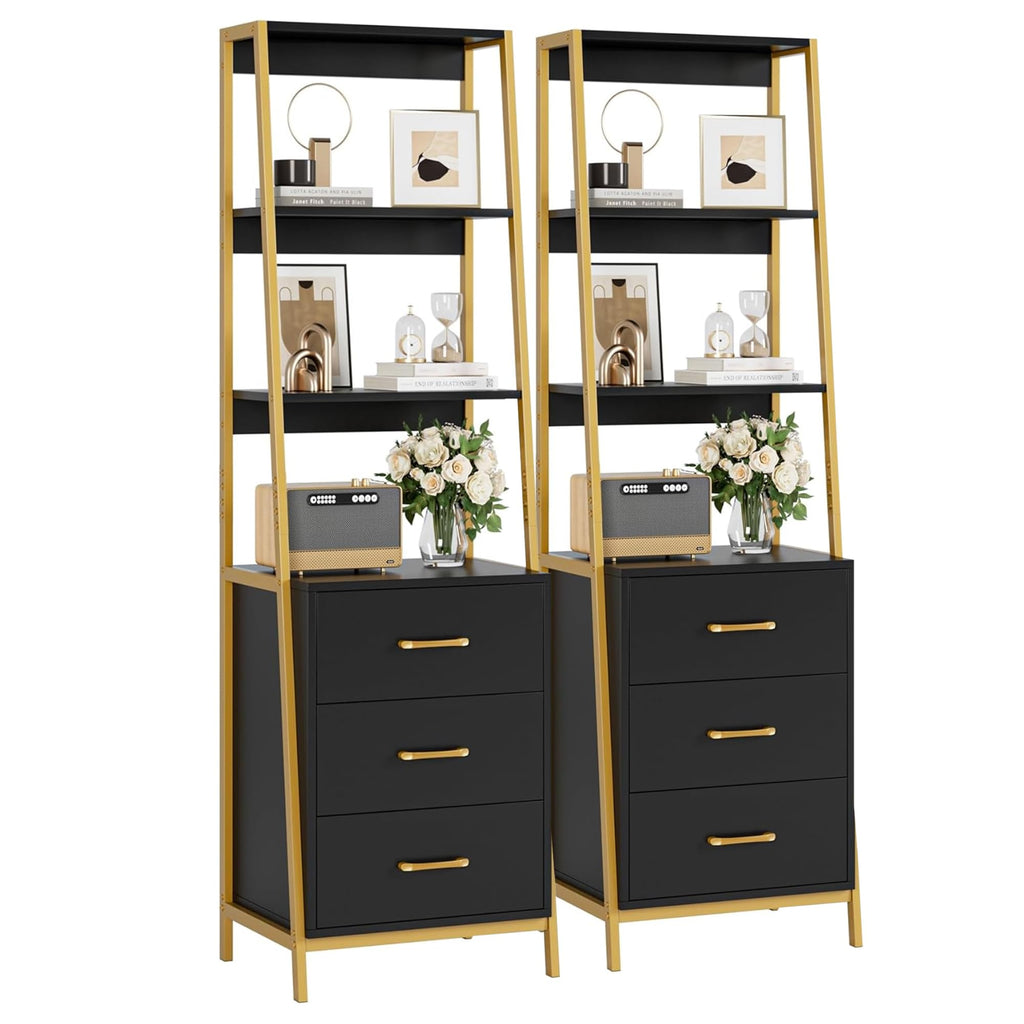 HITHOS 4-Tier Bookshelf, Tall Bookcase with 3 Wooden Drawers, Modern Ladder Book Shlef Storage Organizer for Living Room, Entryway, Office, Black Gold, 2 PCS