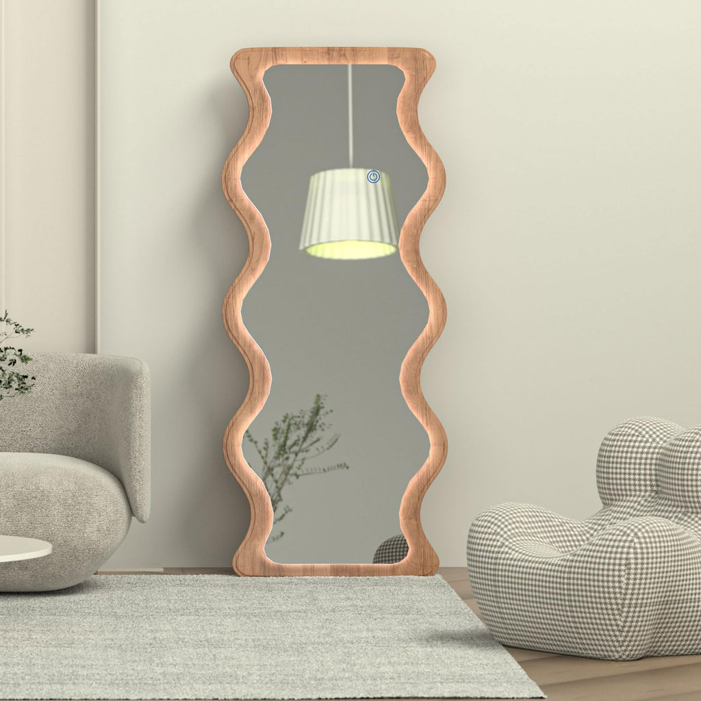 COOL2DAY 65" x 24" Led Wavy Full Length Mirror with Lights, Shatter-Proof Hanging/Leaning Irregular Wall Mirror, Wooden Led Floor Mirror for Dressing Bedroom Living Room