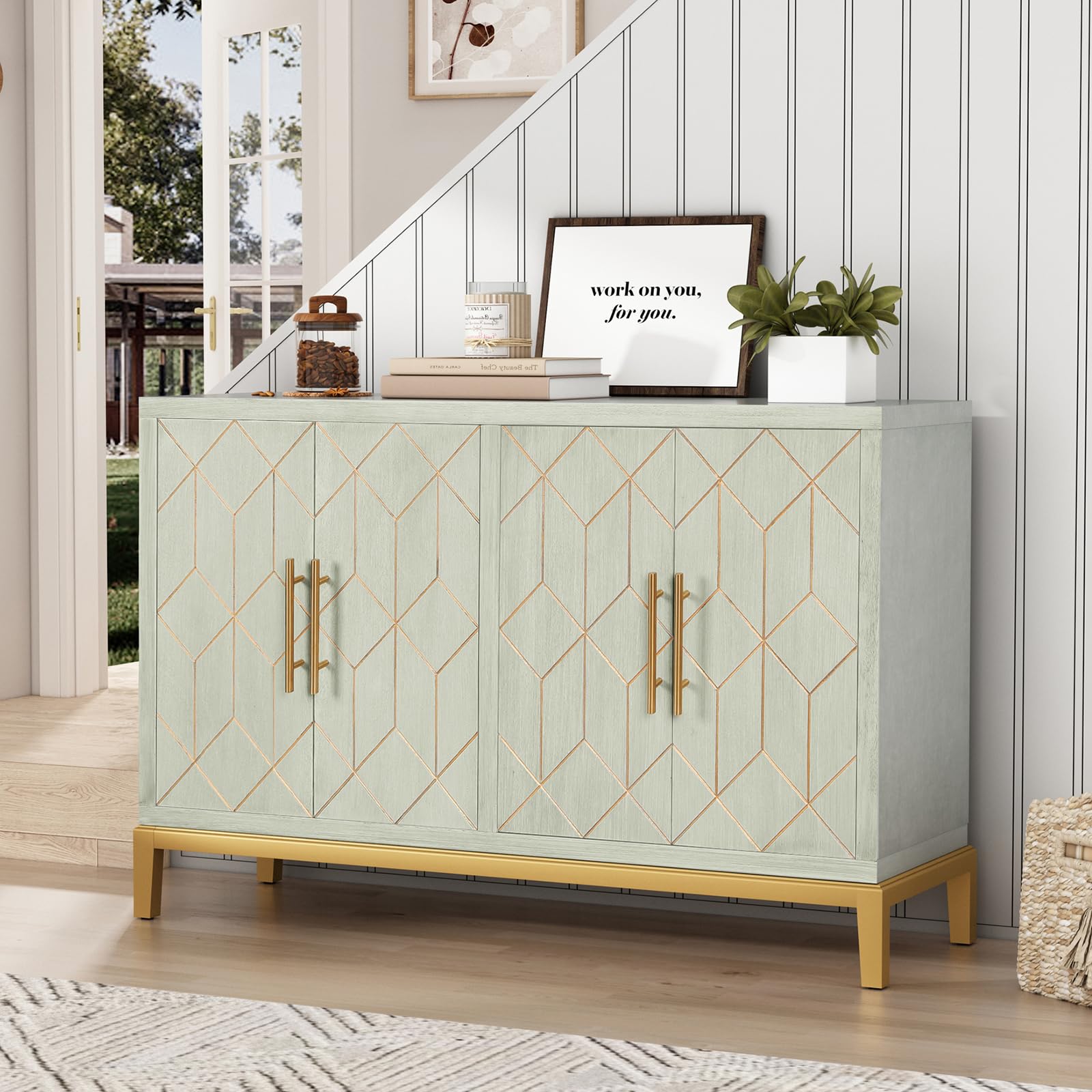 ARTPOWER Accent Cabinet with 4 Doors, Modern Credenza Storage Cabinet, Carved Decorative Buffet Sideboard for Living Room, Kitchen, Office, and Hallway, Green