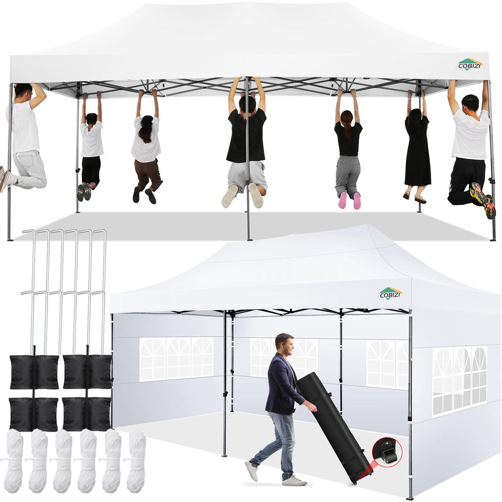 COBIZI 10x20 Pop up Canopy Tent 10x20 Canopy with 6 Sidewalls Waterproof Heavy Duty Commercial Canopy Tent for Parties Outdoor Garden Gazebo, Carry Bag with Wheel(10x20ft, White)