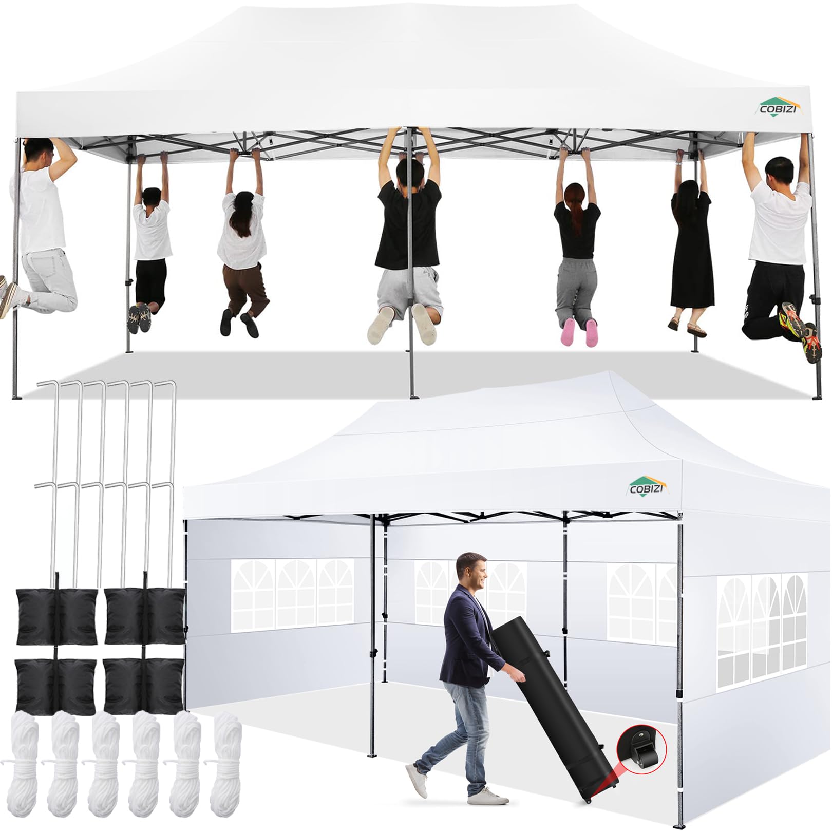 COBIZI 10x20 Pop up Canopy Tent 10x20 Canopy with 6 Sidewalls Waterproof Heavy Duty Commercial Canopy Tent for Parties Outdoor Garden Gazebo, Carry Bag with Wheel(10x20ft, White)
