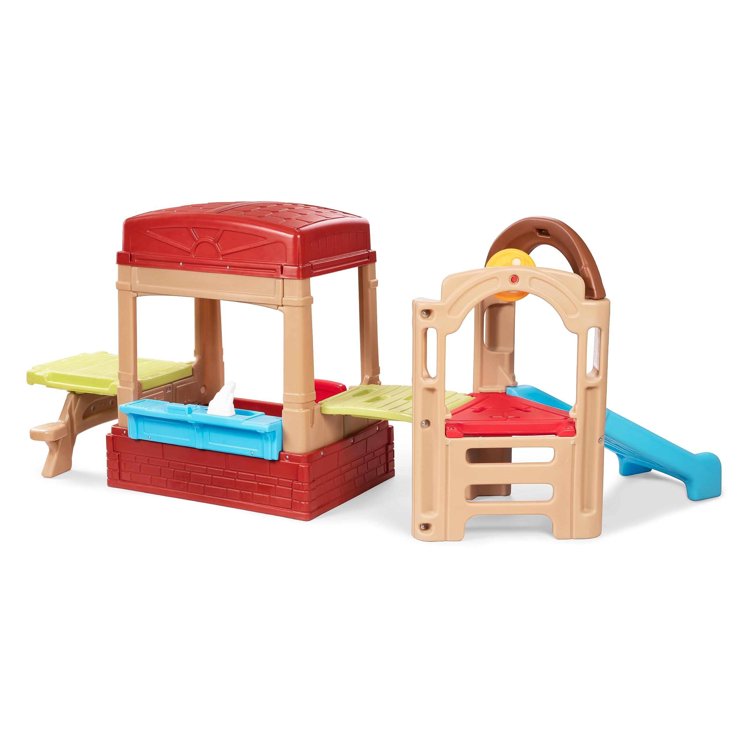 Simplay3 Sunny Slide and Climb Picnic Playhouse - Indoor or Outdoor Backyard Playset for Kids with Kitchen, Picnic Table, Toddler Slide, Working Door, Kids Ages 18 Months to 6 Years