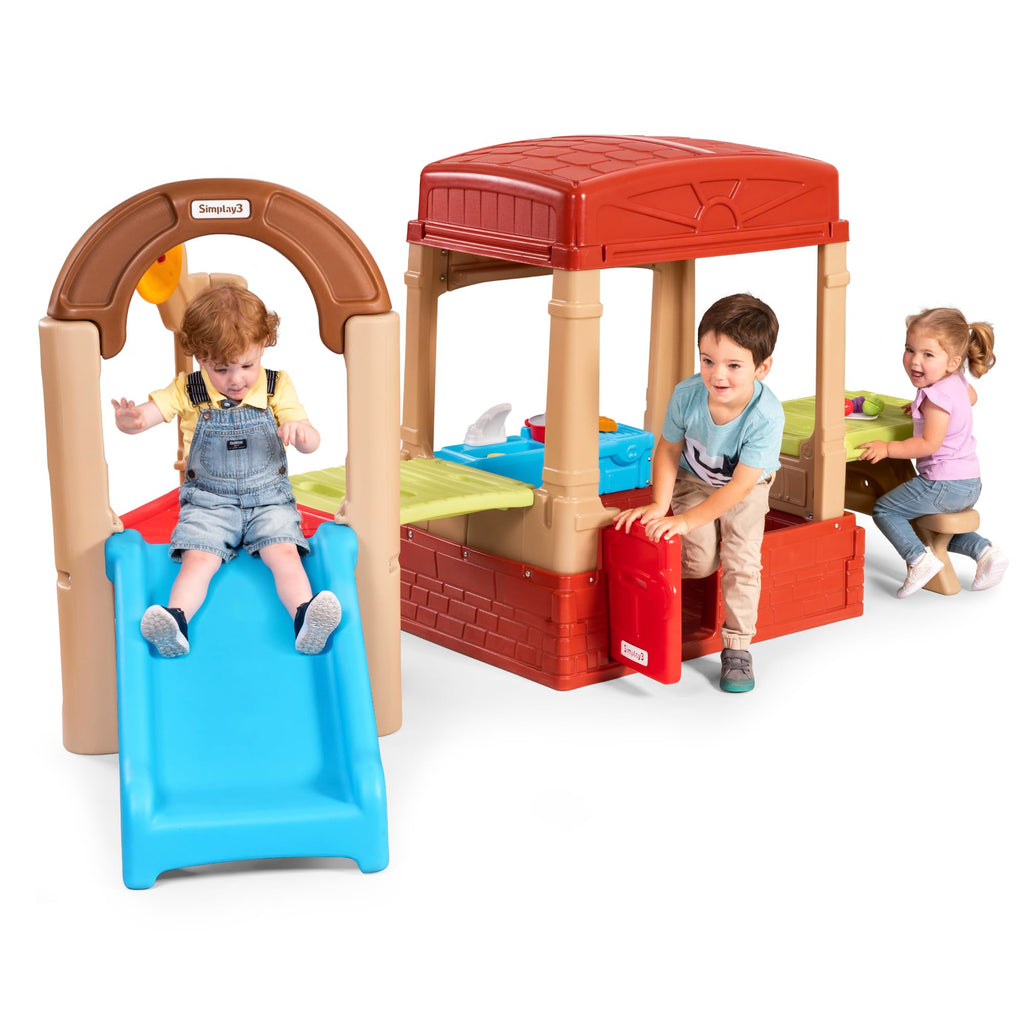 Simplay3 Sunny Slide and Climb Picnic Playhouse - Indoor or Outdoor Backyard Playset for Kids with Kitchen, Picnic Table, Toddler Slide, Working Door, Kids Ages 18 Months to 6 Years