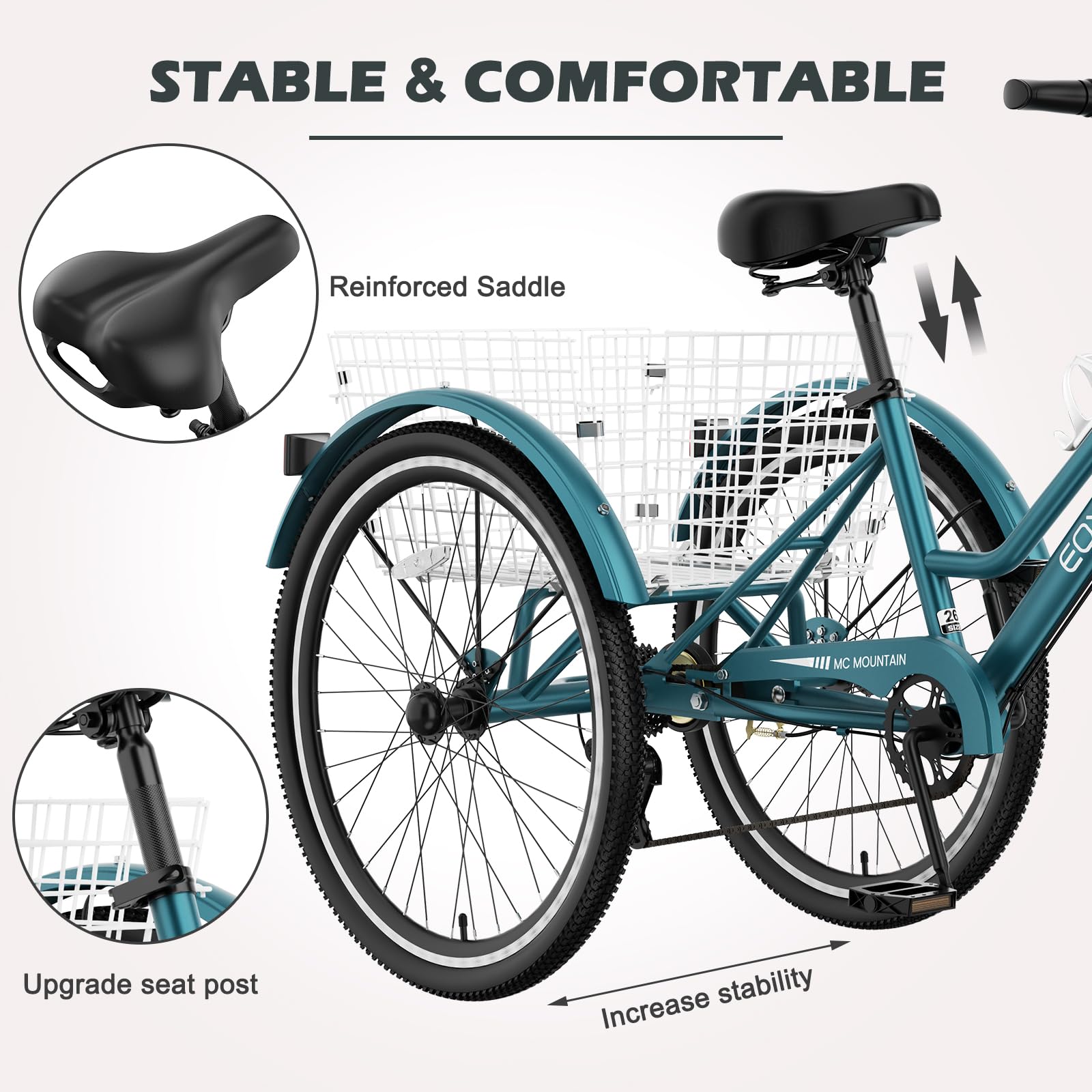 ABORON Adult Mountain Tricycle, 7-Speed 3-Wheel Mountain Bikes 24/26/27.5inch Available, Front Suspension, Disc Brake (Step-Through Peacock Green, 24" Wheels)