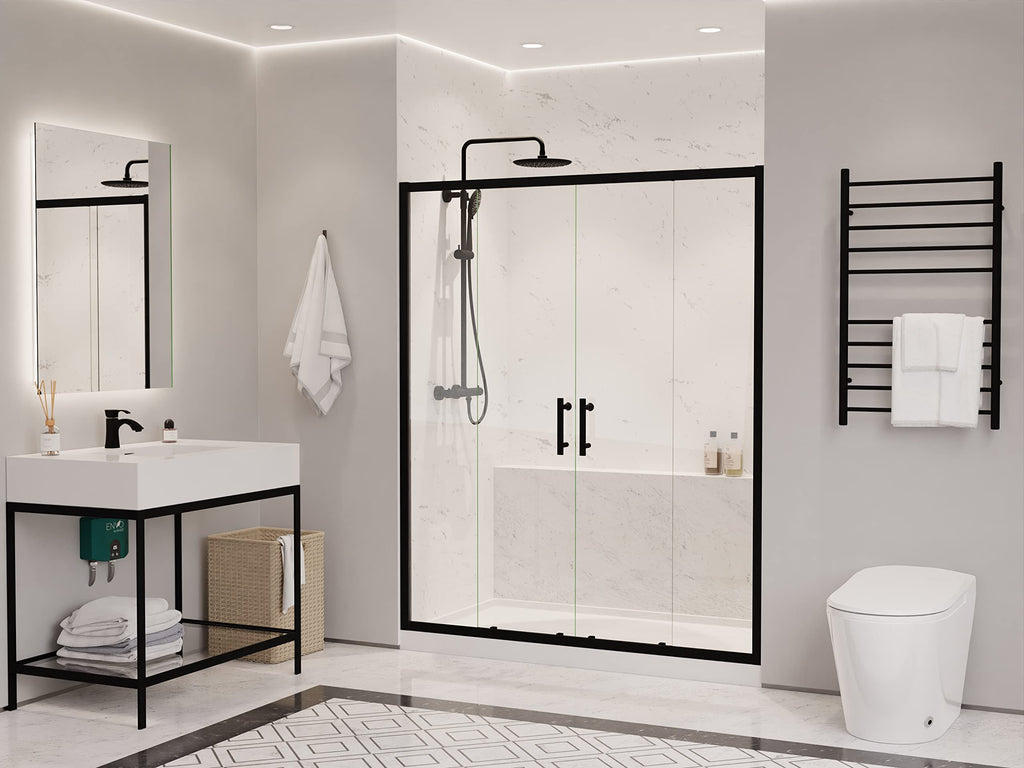 ANZZI 70-in x 60-in. Framed Double Sliding Shower Door, Resistance Free Hinges for Smooth Opening and Closing, Clear Tempered Glass in Matte Black Finish (SD-AZ15-01MB)