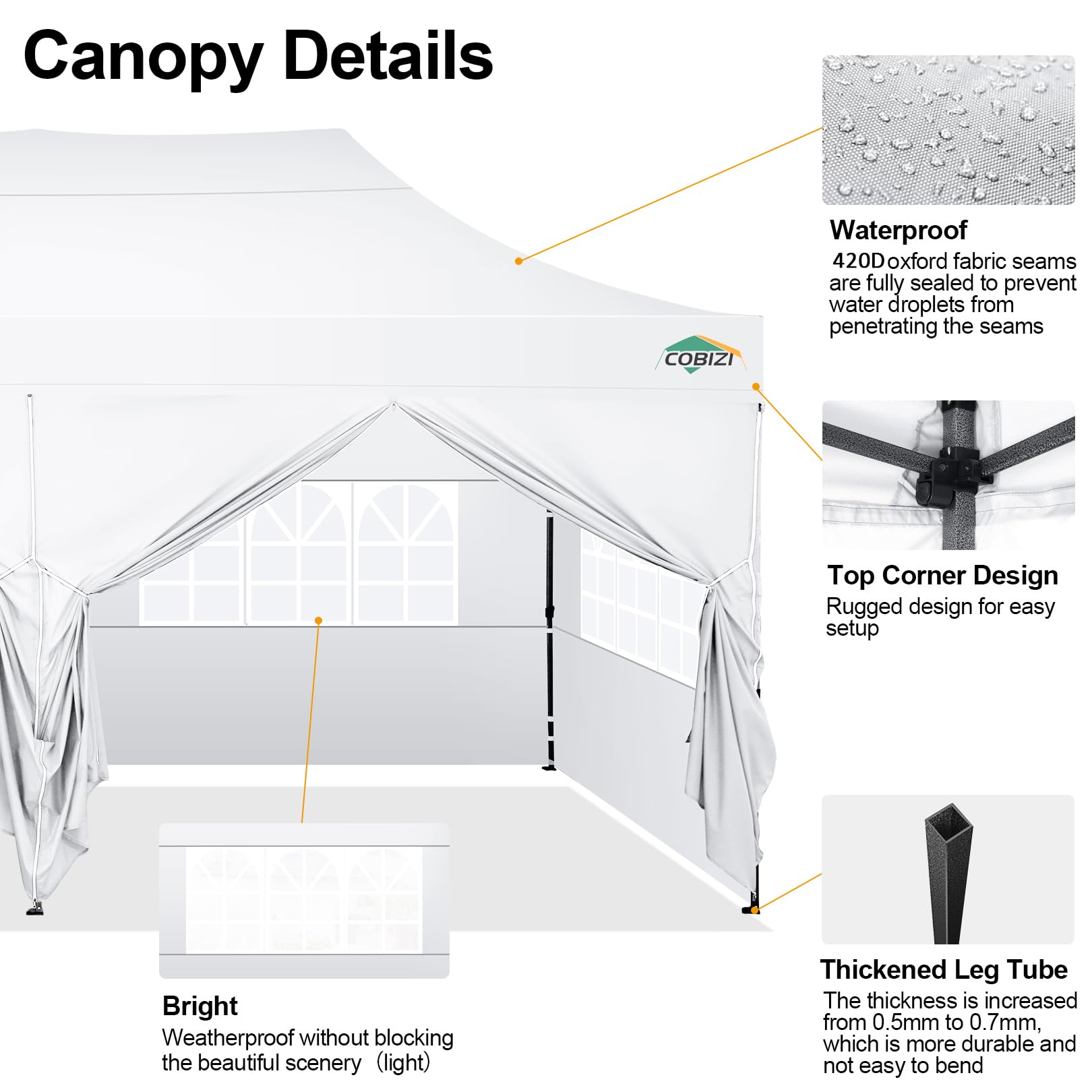 COBIZI 10x20 Pop up Canopy Tent 10x20 Canopy with 6 Sidewalls Waterproof Heavy Duty Commercial Canopy Tent for Parties Outdoor Garden Gazebo, Carry Bag with Wheel(10x20ft, White)