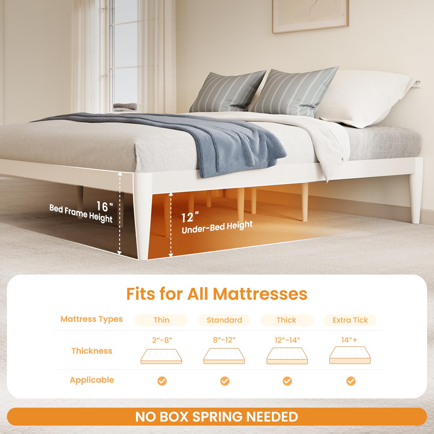 IOTXY Twin-XL Platform Bed Frame - Solid Wood 16-Inch Height Mattress Foundation Base with Densely Slats and Heavy-Duty Support Legs, No Box Spring Needed, White