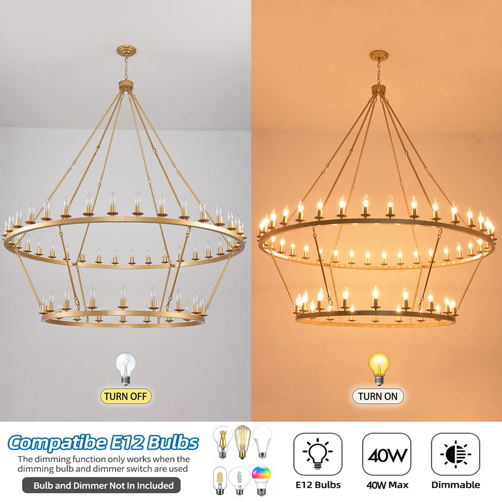 JKLX 60 Inch Gold Extra Large Wagon Wheel Chandelier, 2 Tier 54-Lights Farmhouse Industrial Round High Ceiling Pendant Light Adjustable Chain, for Dining Room, Living Room