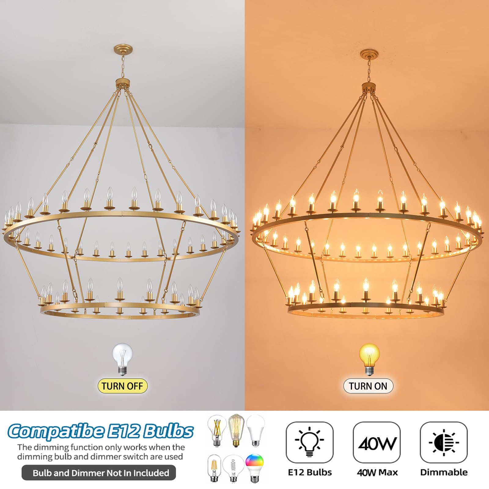 JKLX 60 Inch Gold Extra Large Wagon Wheel Chandelier, 2 Tier 54-Lights Farmhouse Industrial Round High Ceiling Pendant Light Adjustable Chain, for Dining Room, Living Room