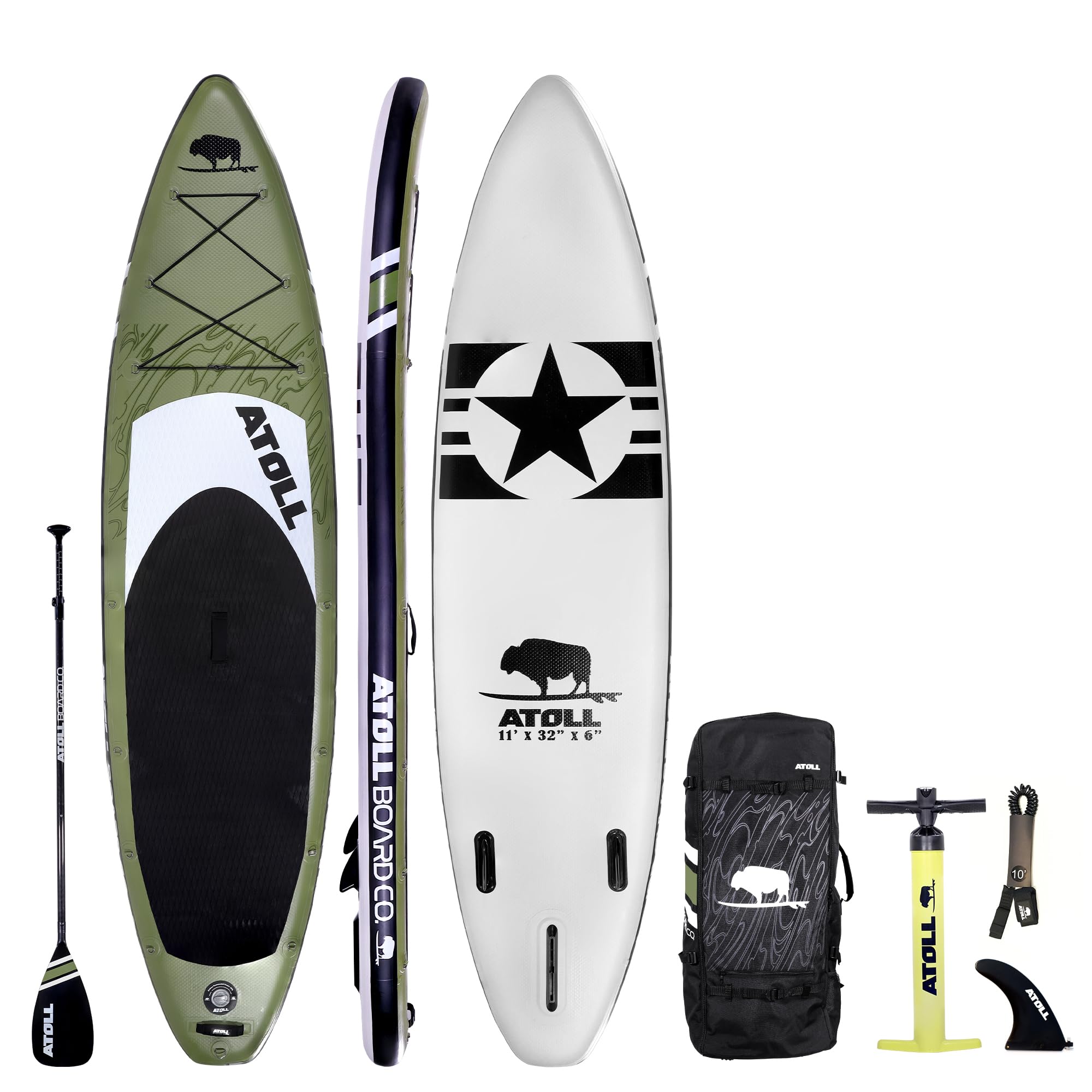 Atoll Inflatable Paddle Board with Premium SUP Stand Up Paddle Board Accessories & Back Pack, Non-Slip Comfort Deck for Unisex Adult - 11ft (Army Green)