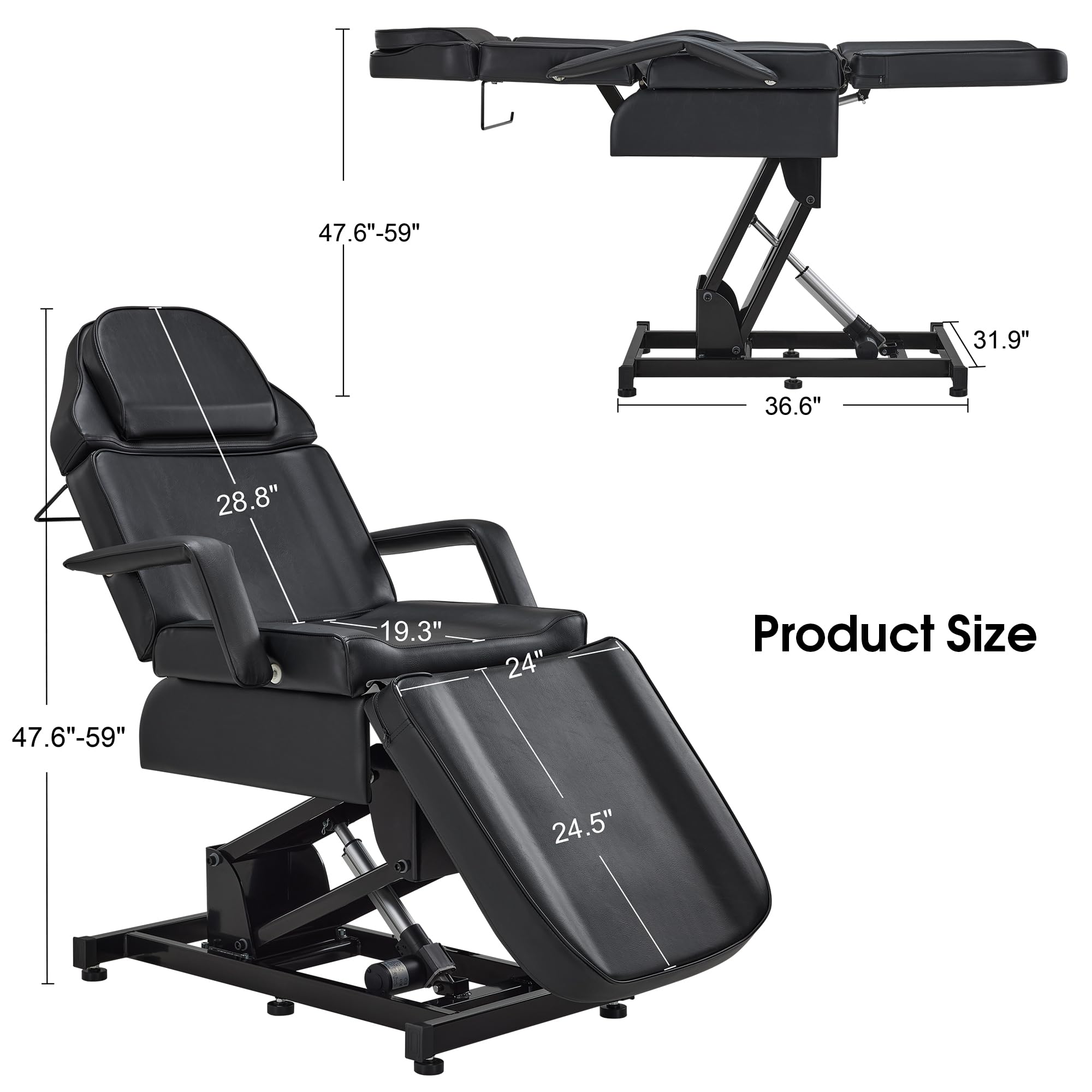 BarberPub Fully Electric Facial Bed with 3 Motor for Esthetician, Electric Tattoo Chair for Client, Facial Bed for Esthetician, Massage Adjustment 2751 (Black, Height (Flat): 25.2"–37")