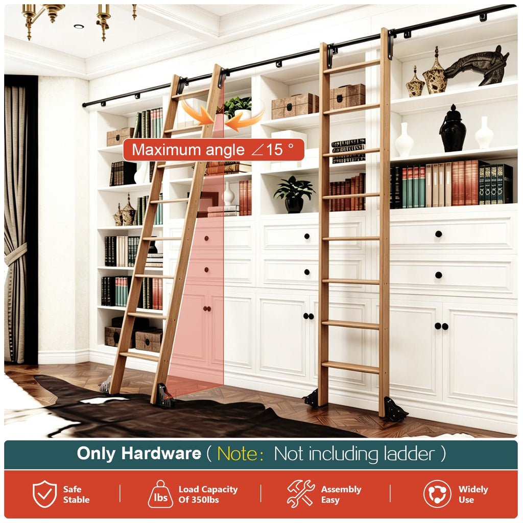 104RDHOUSE 12FT Sliding Library Ladder Hardware Kit,Black Telescopic Top Hook,Bottom Wheel with Brake,MAX Load 300lbs,No Ladder